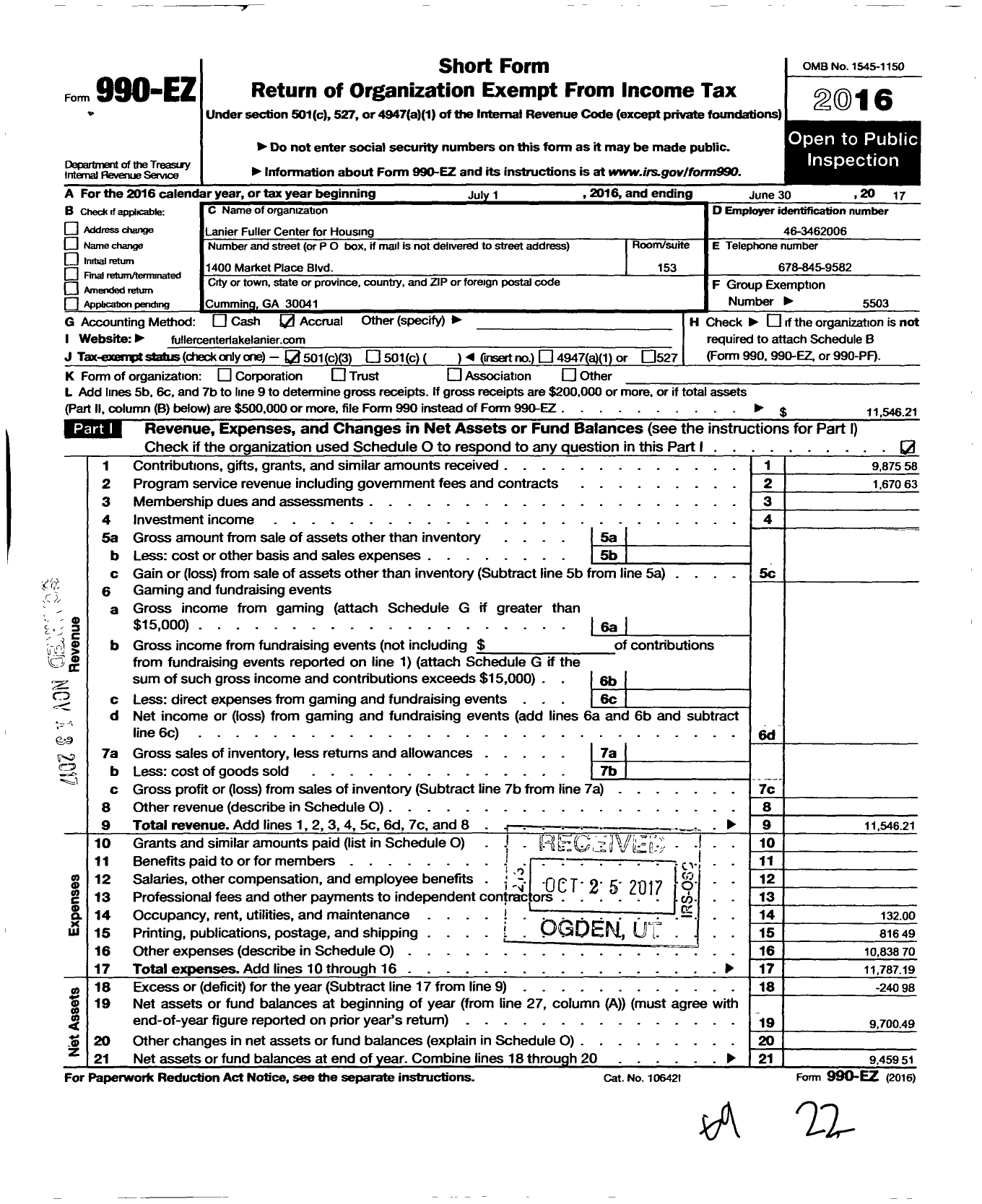 Image of first page of 2016 Form 990EZ for The Fuller Center for Housing