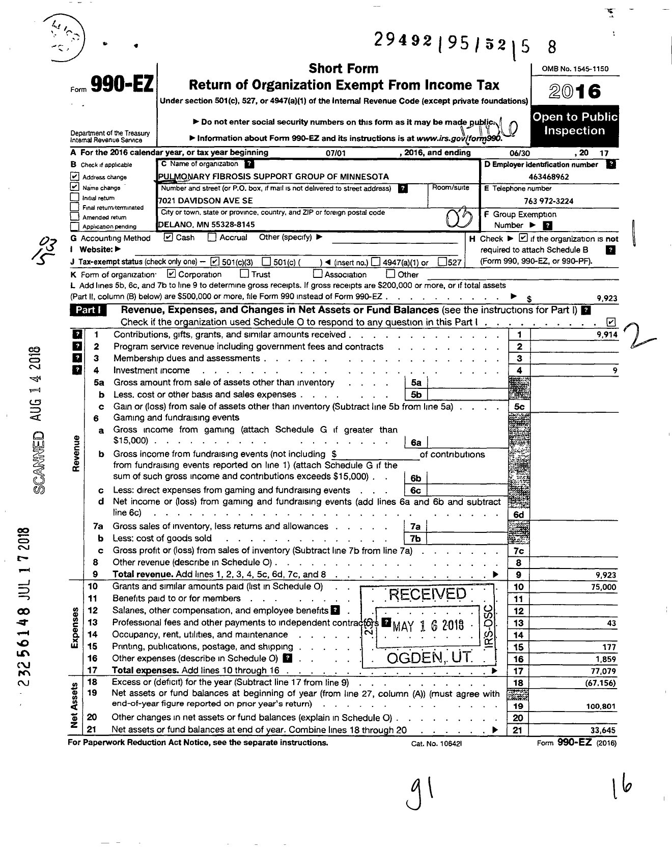 Image of first page of 2016 Form 990EZ for Pulmonary Fibrosis Support Group of Minnesota
