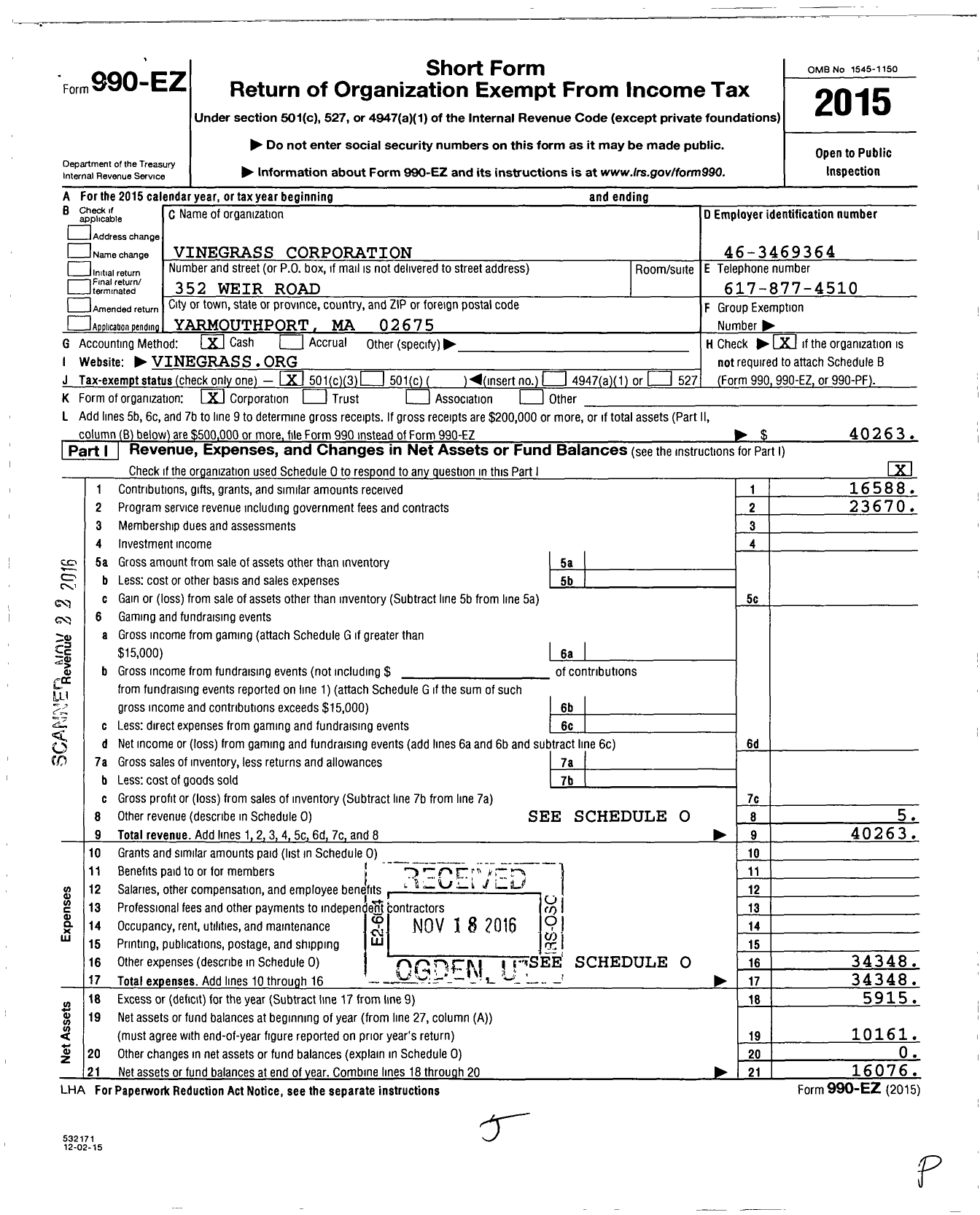 Image of first page of 2015 Form 990EZ for Vinegrass Corporation