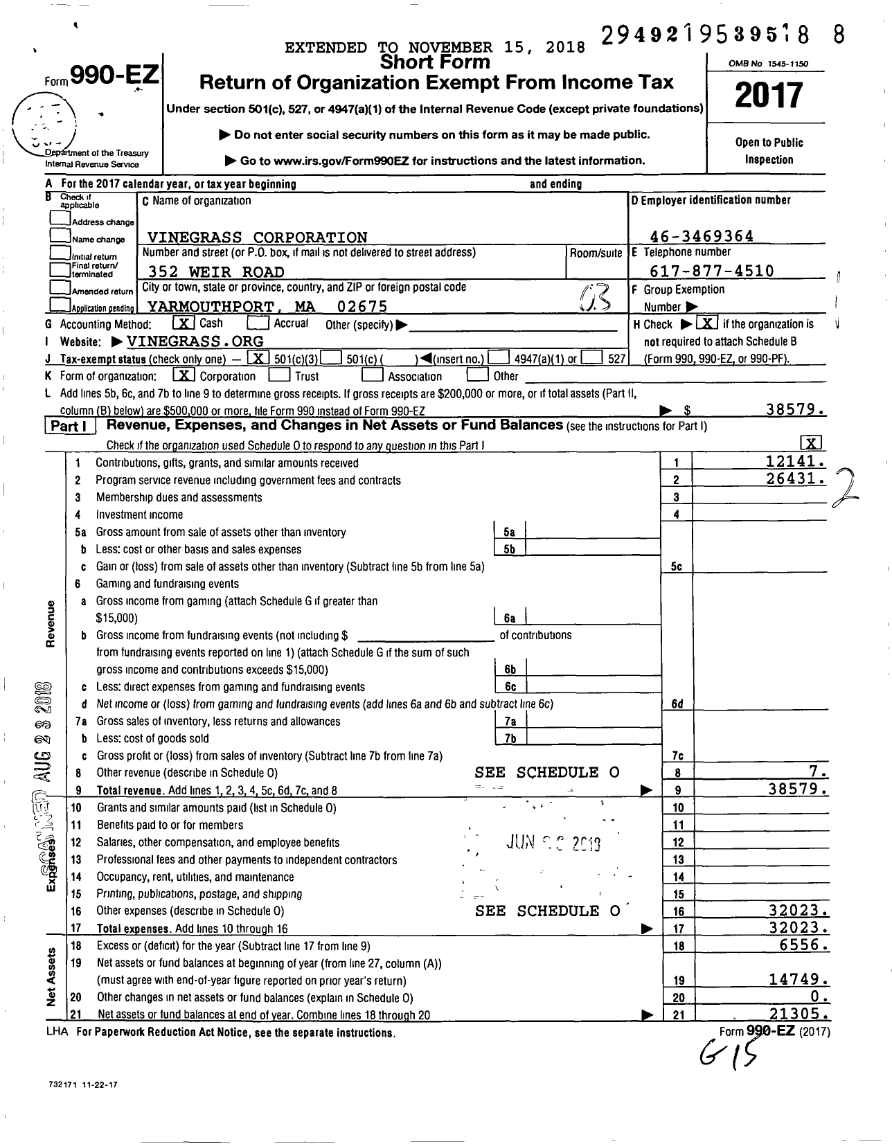 Image of first page of 2017 Form 990EZ for Vinegrass Corporation