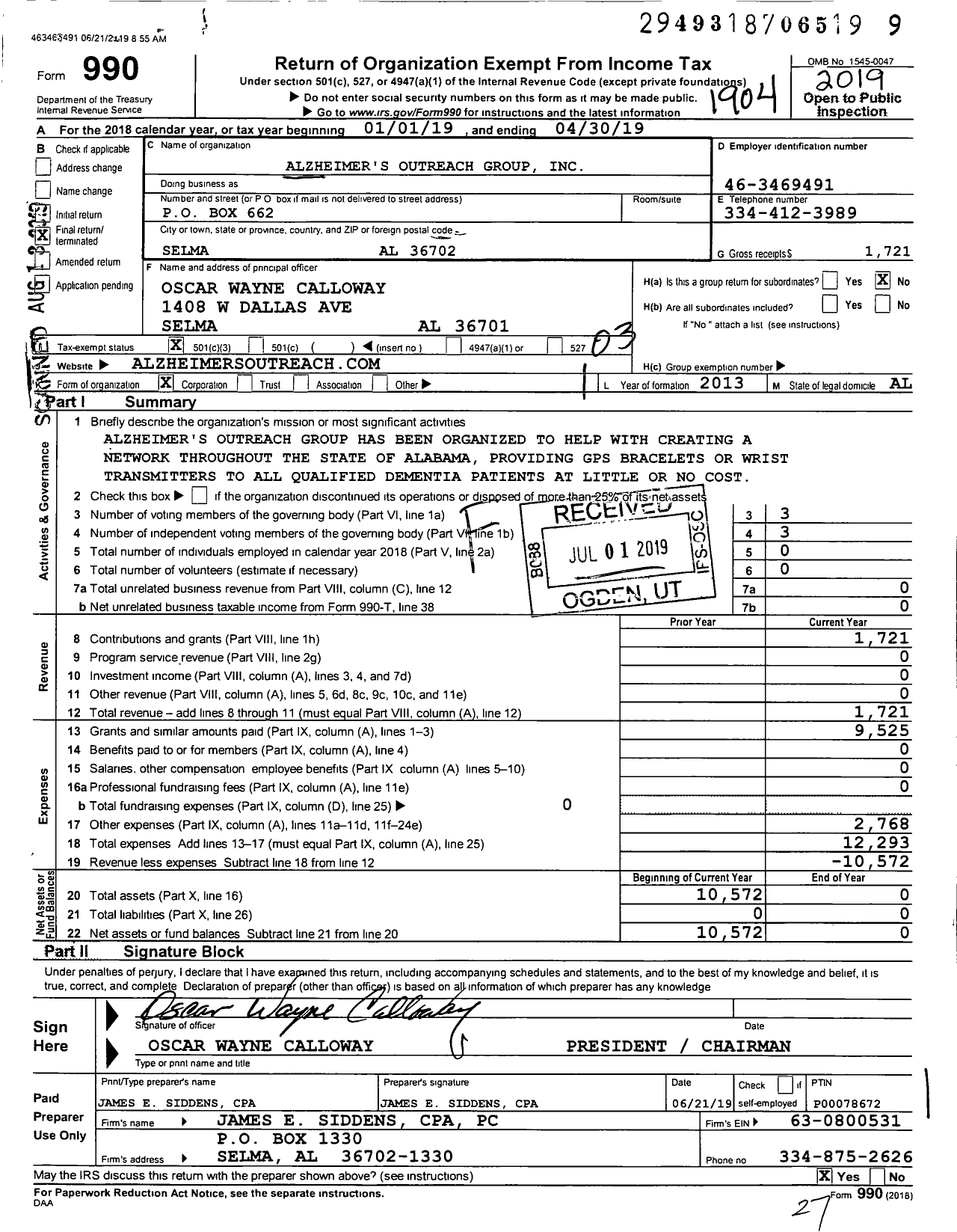 Image of first page of 2018 Form 990 for Alzheimer's Outreach Group