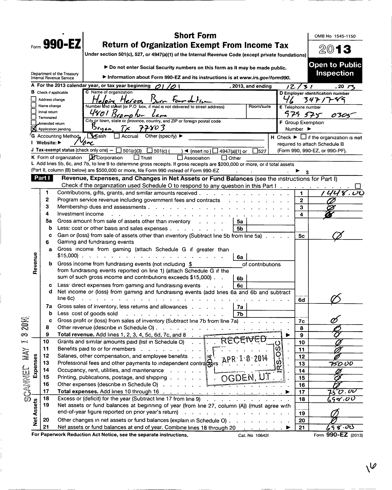 Image of first page of 2013 Form 990EO for Helping Heroes Burn Foundation