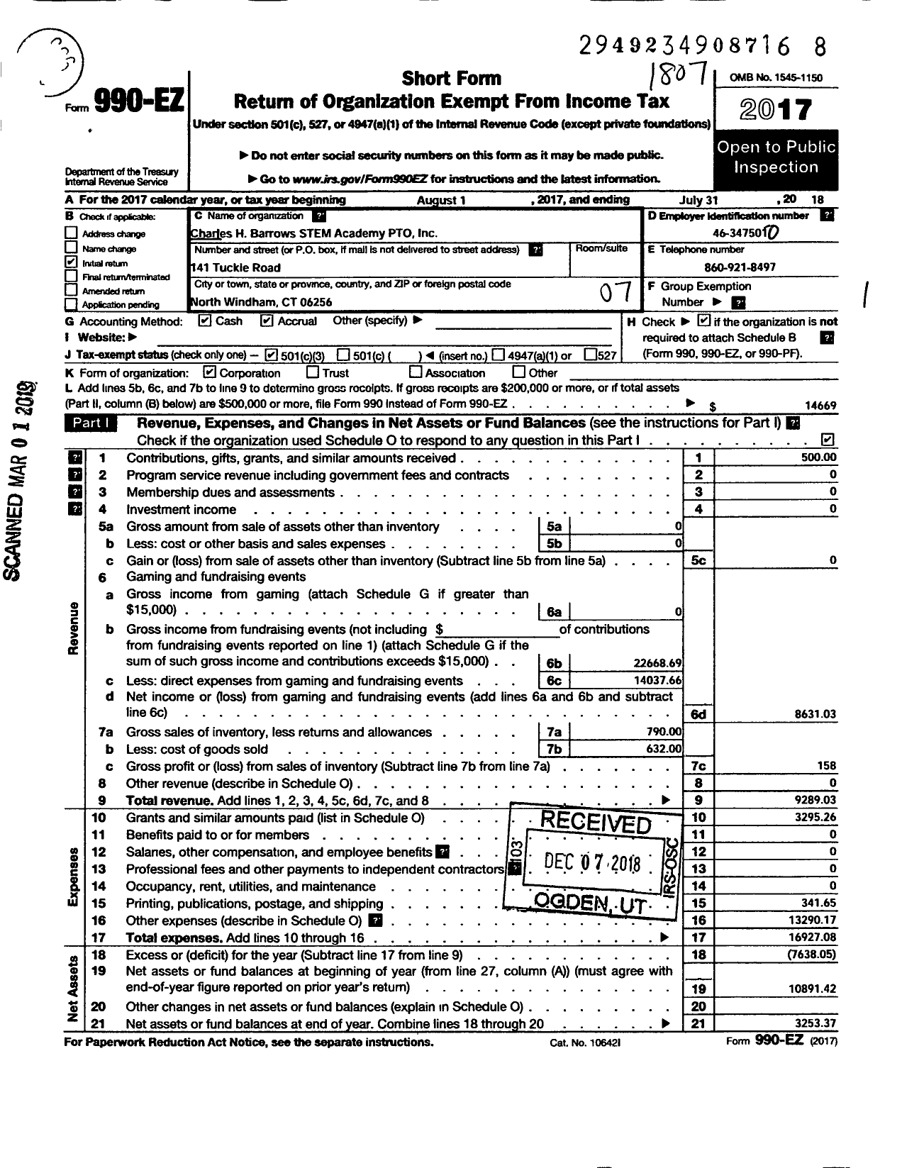 Image of first page of 2017 Form 990EO for Charles H Barrows Stem Academy Pto