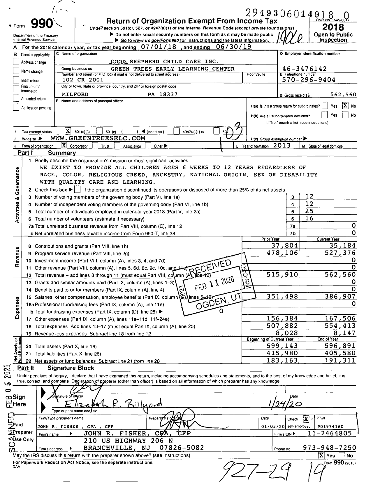 Image of first page of 2018 Form 990 for Good Shepherd Child Care