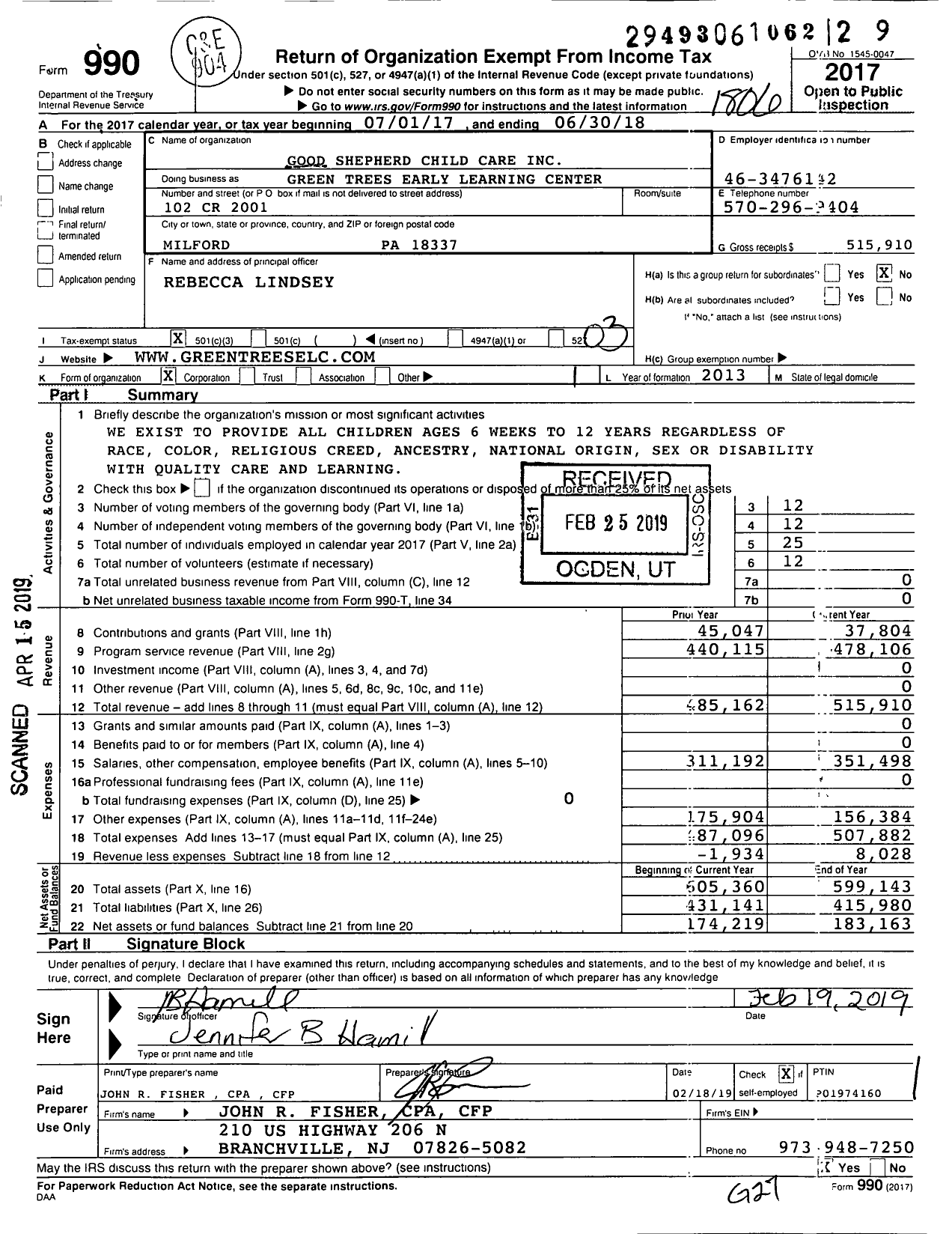 Image of first page of 2017 Form 990 for Good Shepherd Child Care