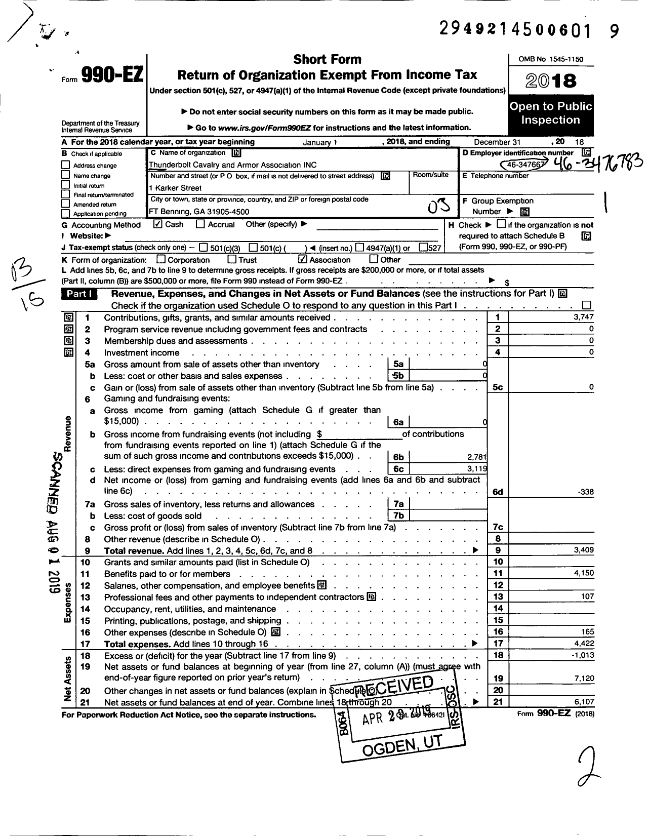 Image of first page of 2018 Form 990EZ for Thunderbolt Cavalry and Armor Association