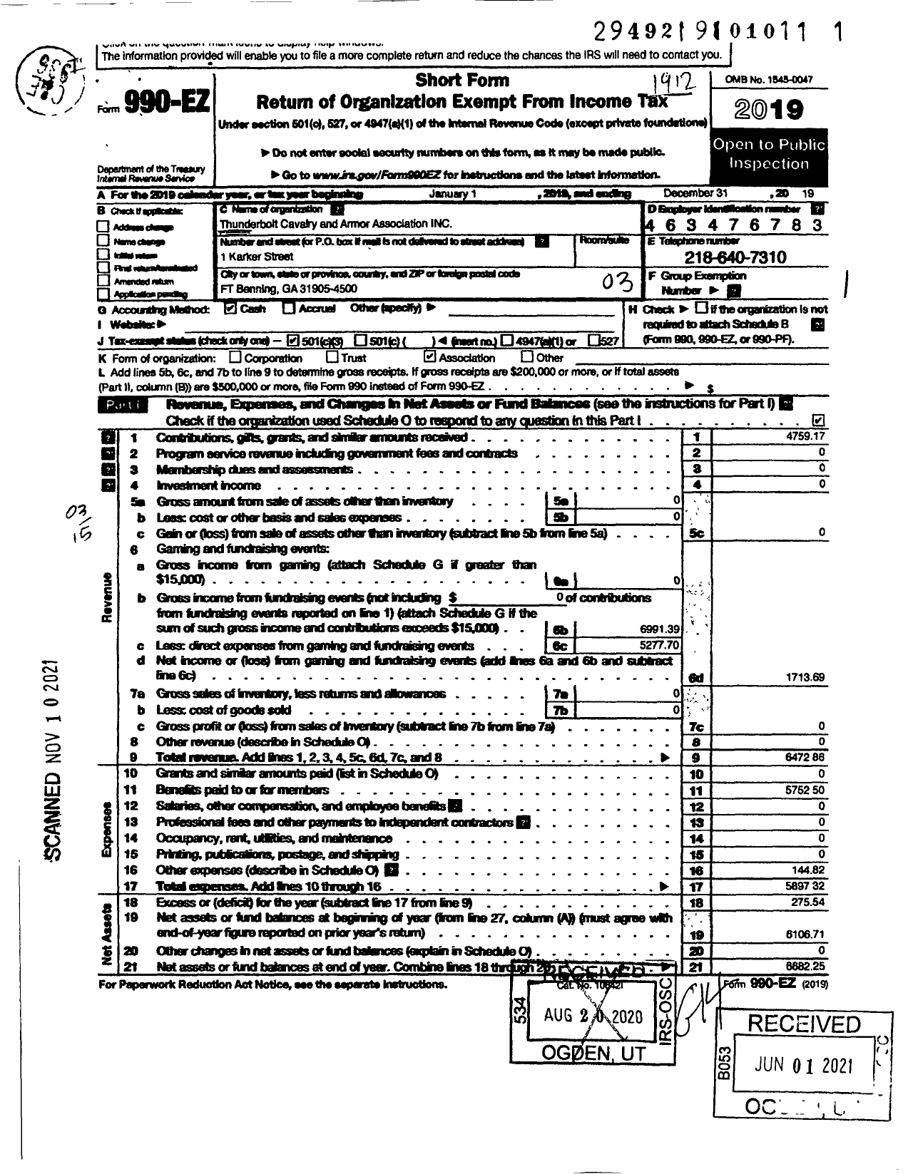 Image of first page of 2019 Form 990EZ for Thunderbolt Cavalry and Armor Association