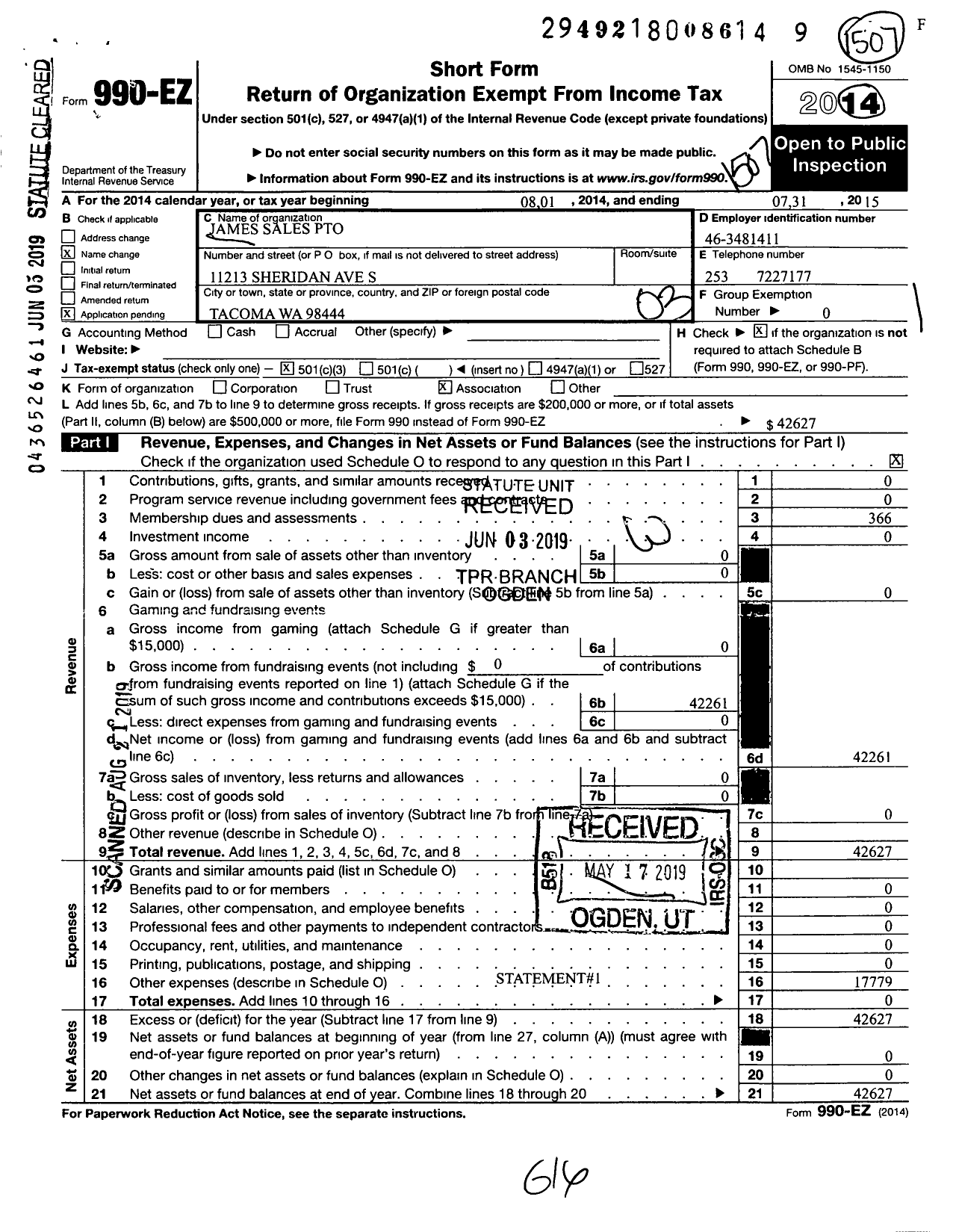 Image of first page of 2014 Form 990EZ for James Sales Pto