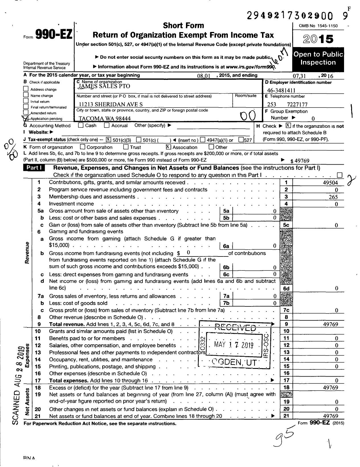 Image of first page of 2015 Form 990EO for James Sales Pto