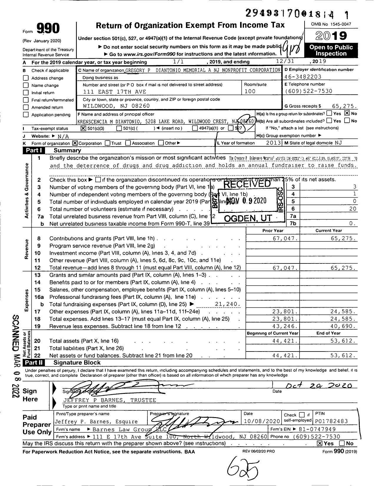 Image of first page of 2019 Form 990 for Gregory P Diantonio Memorial A NJ Nonprofit Corporation