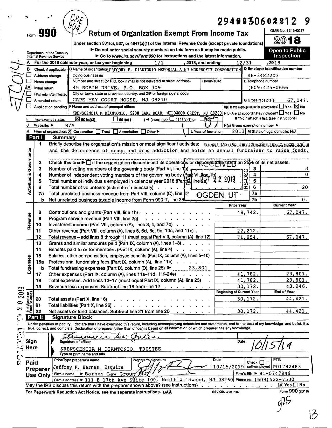 Image of first page of 2018 Form 990 for Gregory P Diantonio Memorial A NJ Nonprofit Corporation
