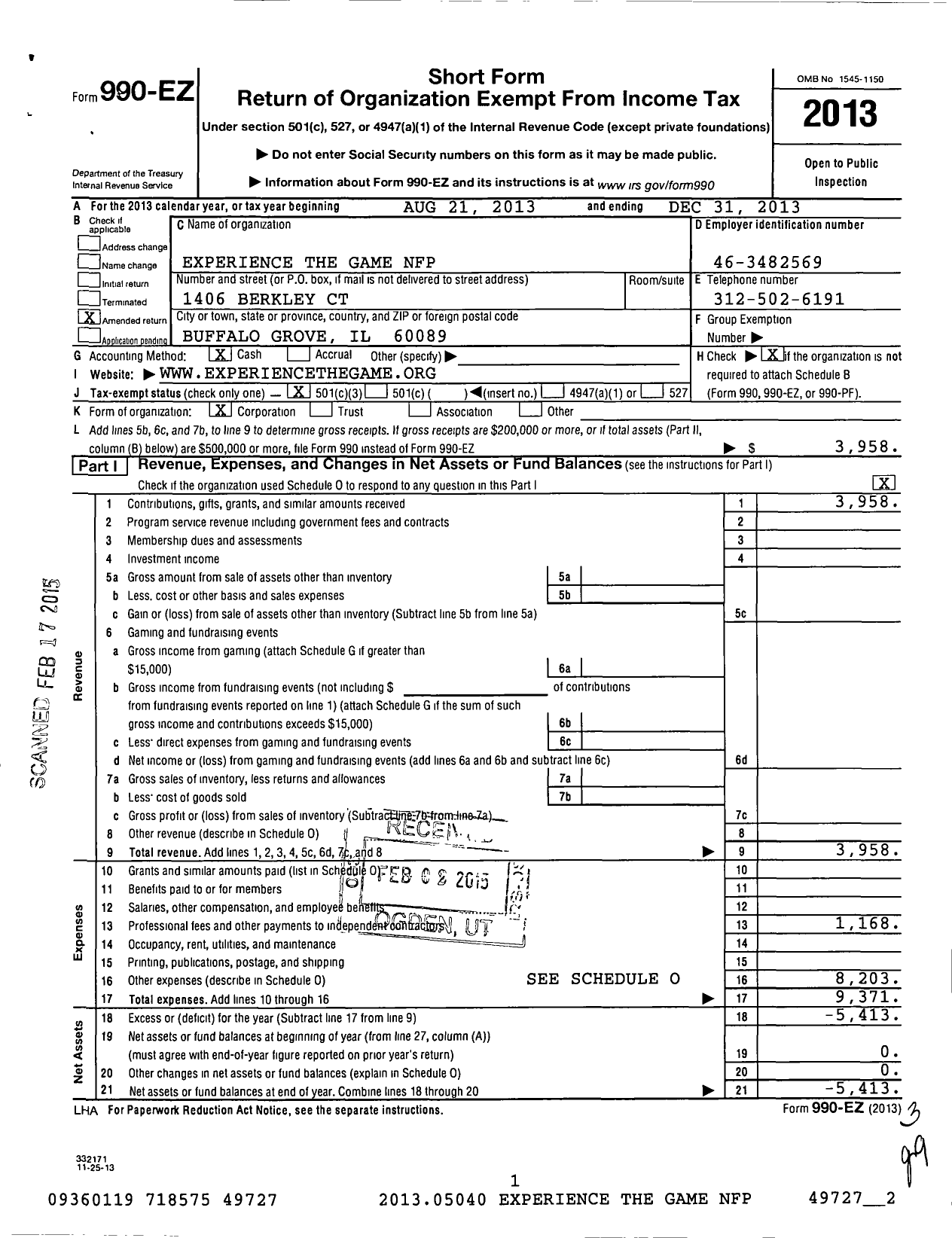 Image of first page of 2013 Form 990EZ for Experience the Game NFP