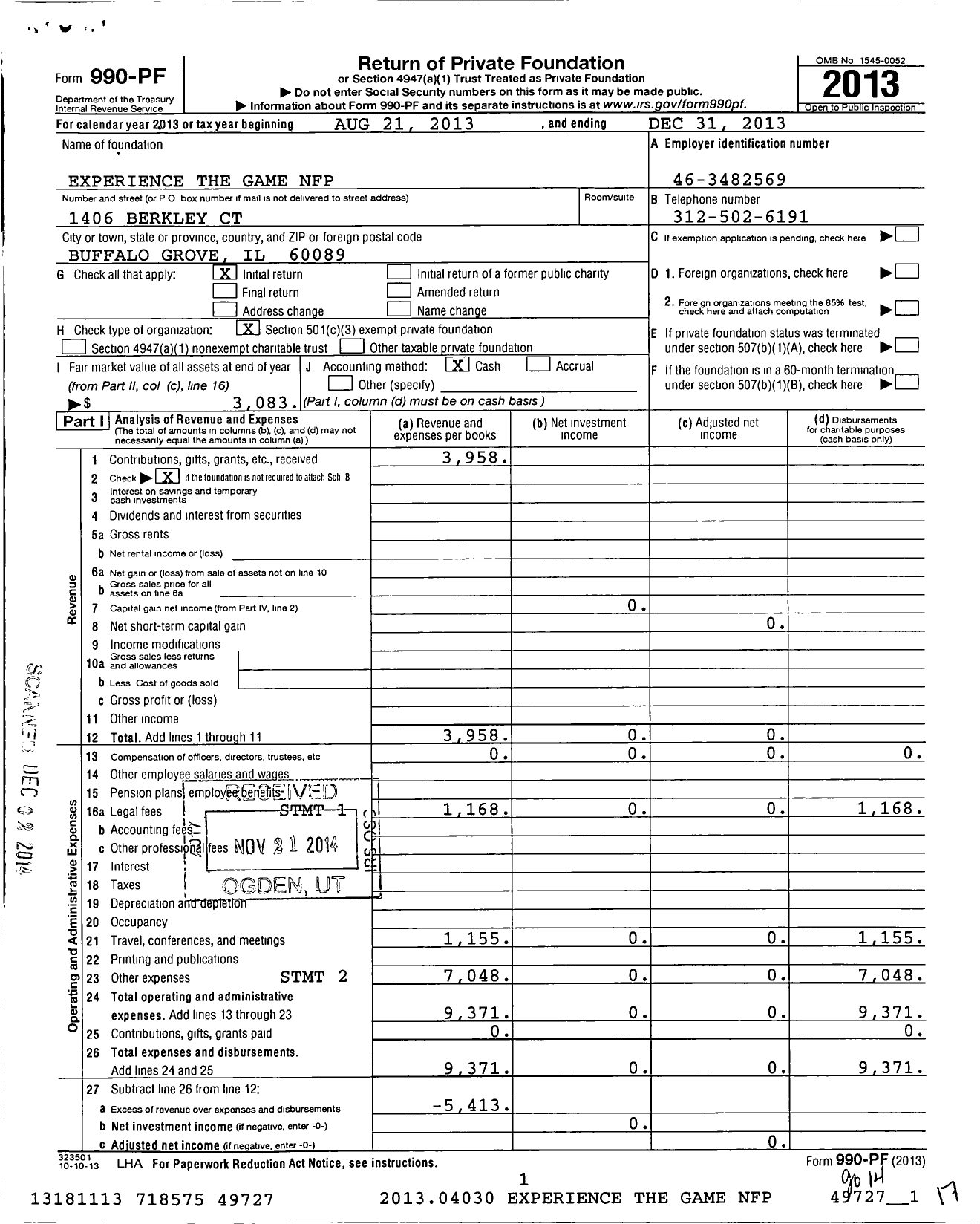 Image of first page of 2013 Form 990PF for Experience the Game NFP