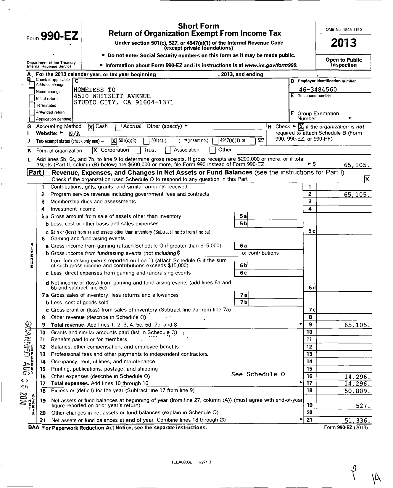 Image of first page of 2013 Form 990EZ for Homeless To