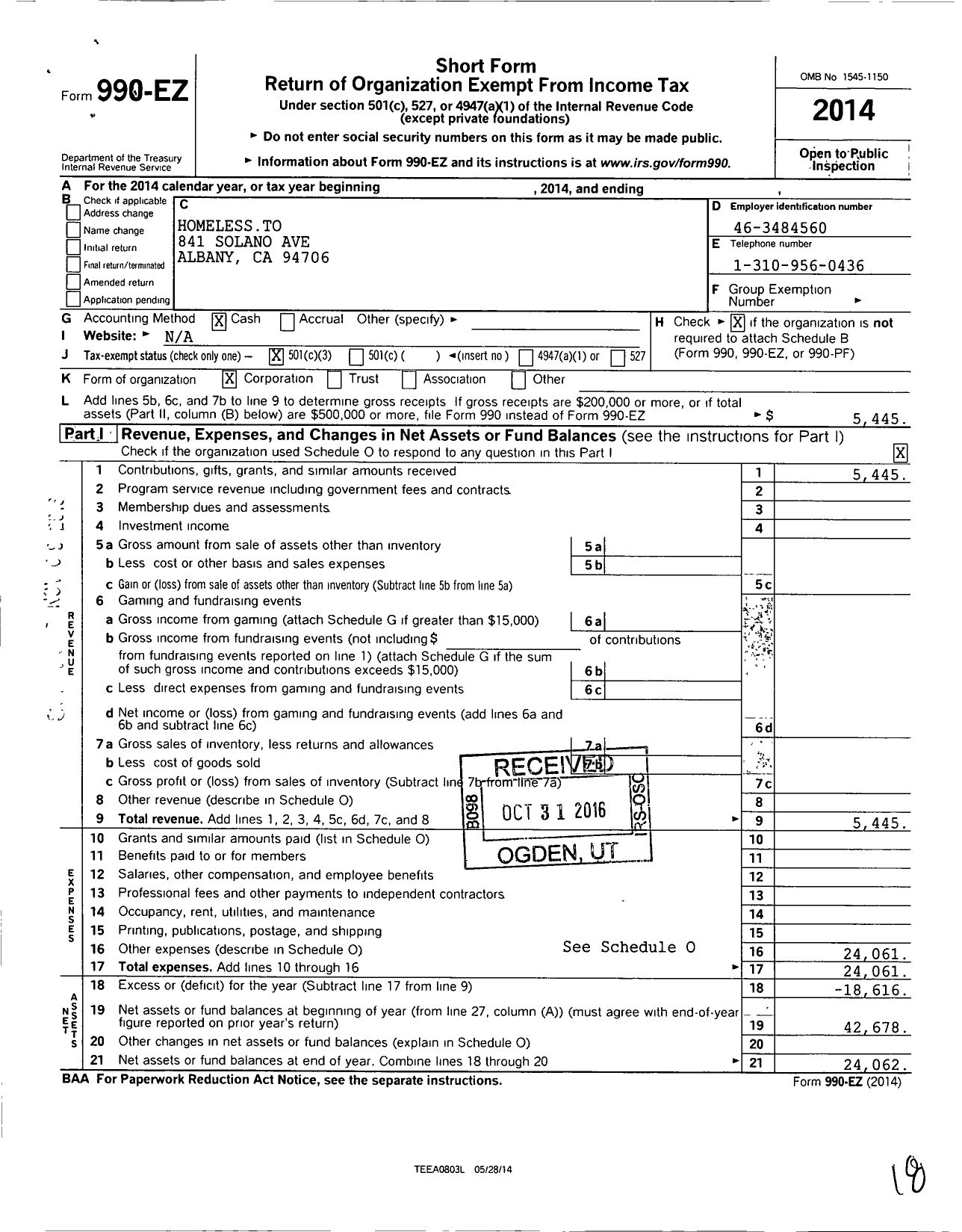 Image of first page of 2014 Form 990EZ for Homeless To