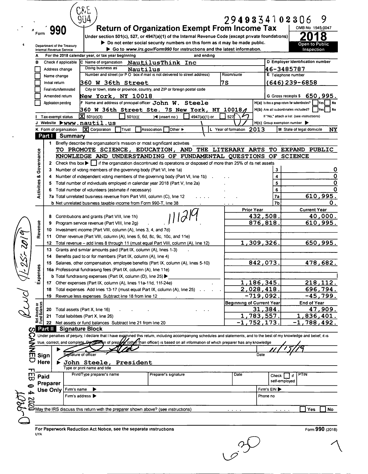 Image of first page of 2018 Form 990 for NAUTILUSTHINK Inc Nautilus