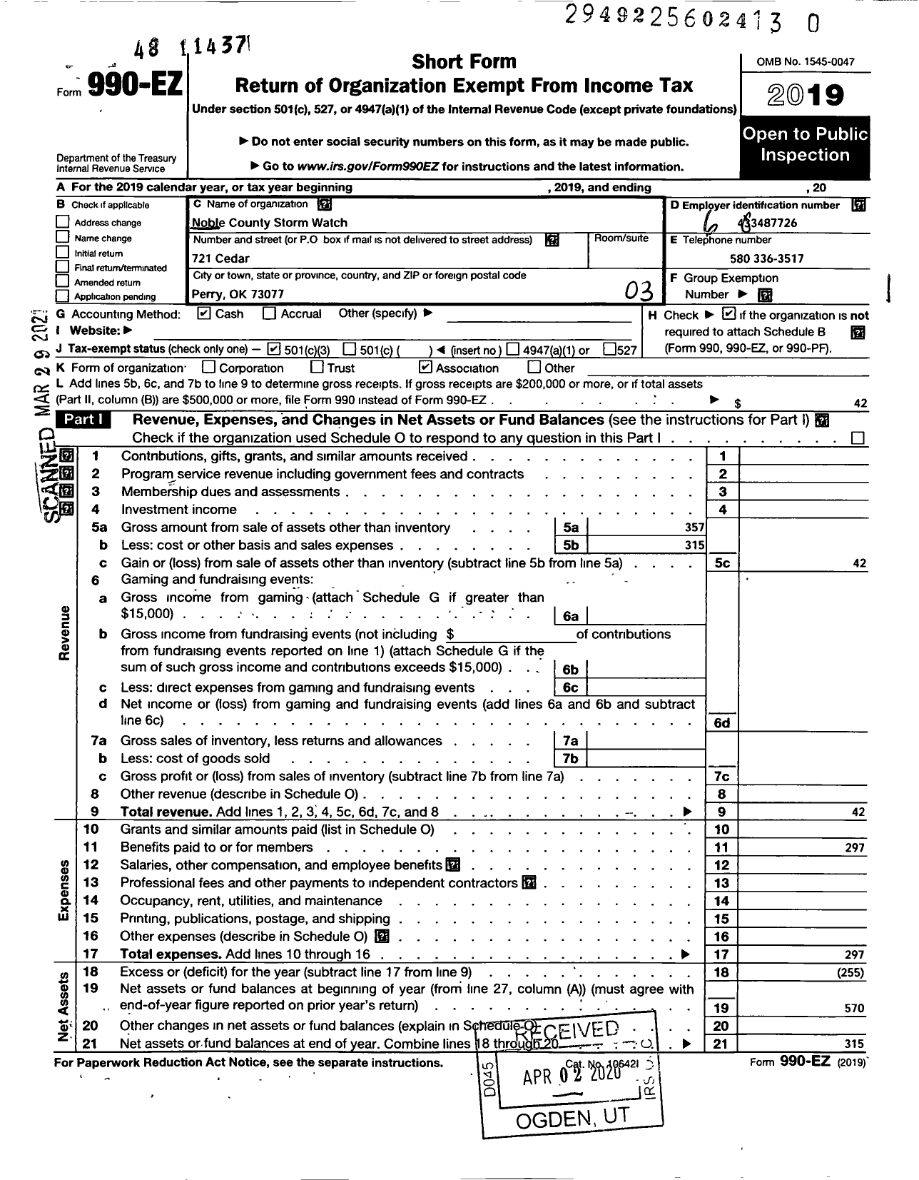 Image of first page of 2019 Form 990EZ for Noble County Storm Watch