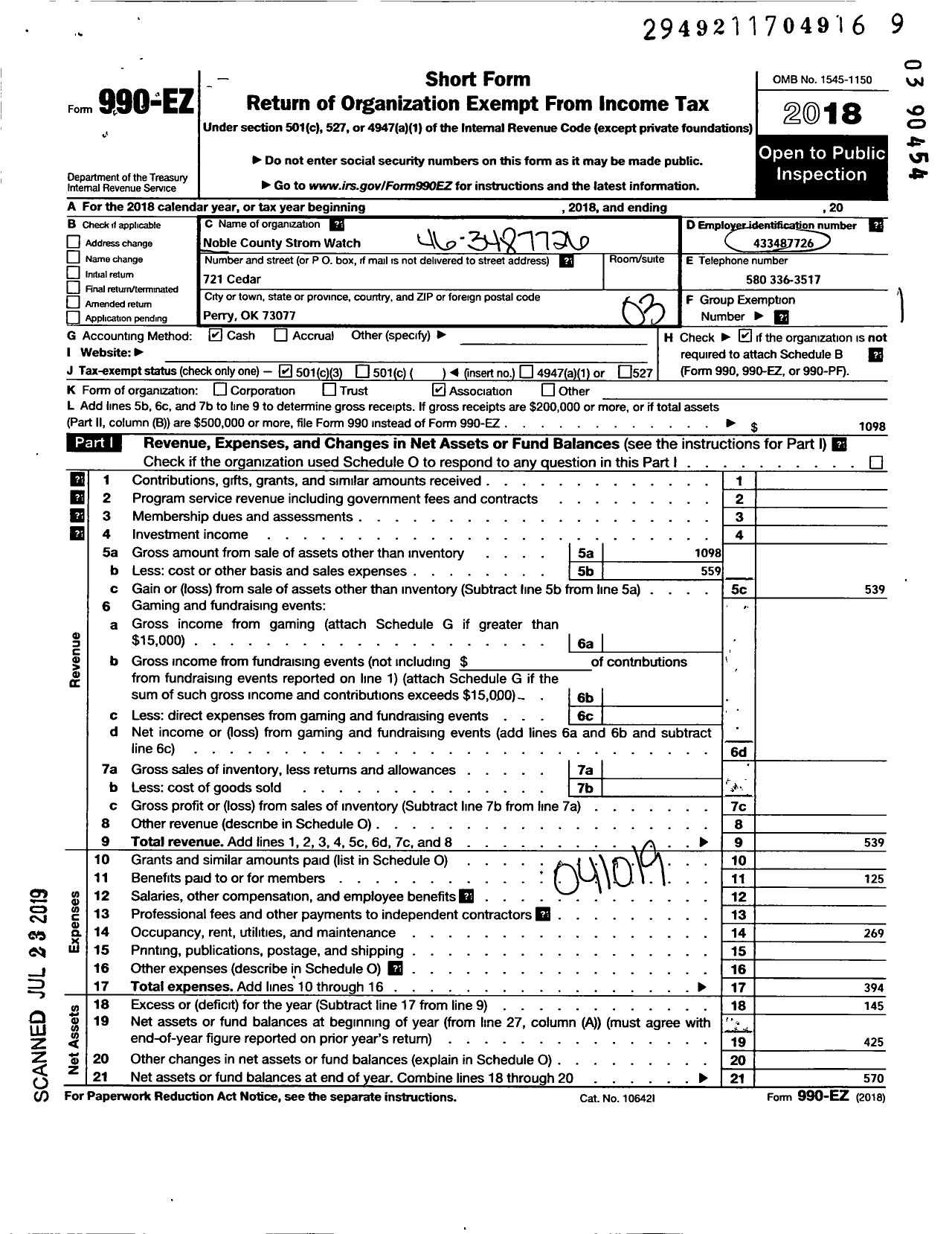 Image of first page of 2018 Form 990EZ for Noble County Storm Watch