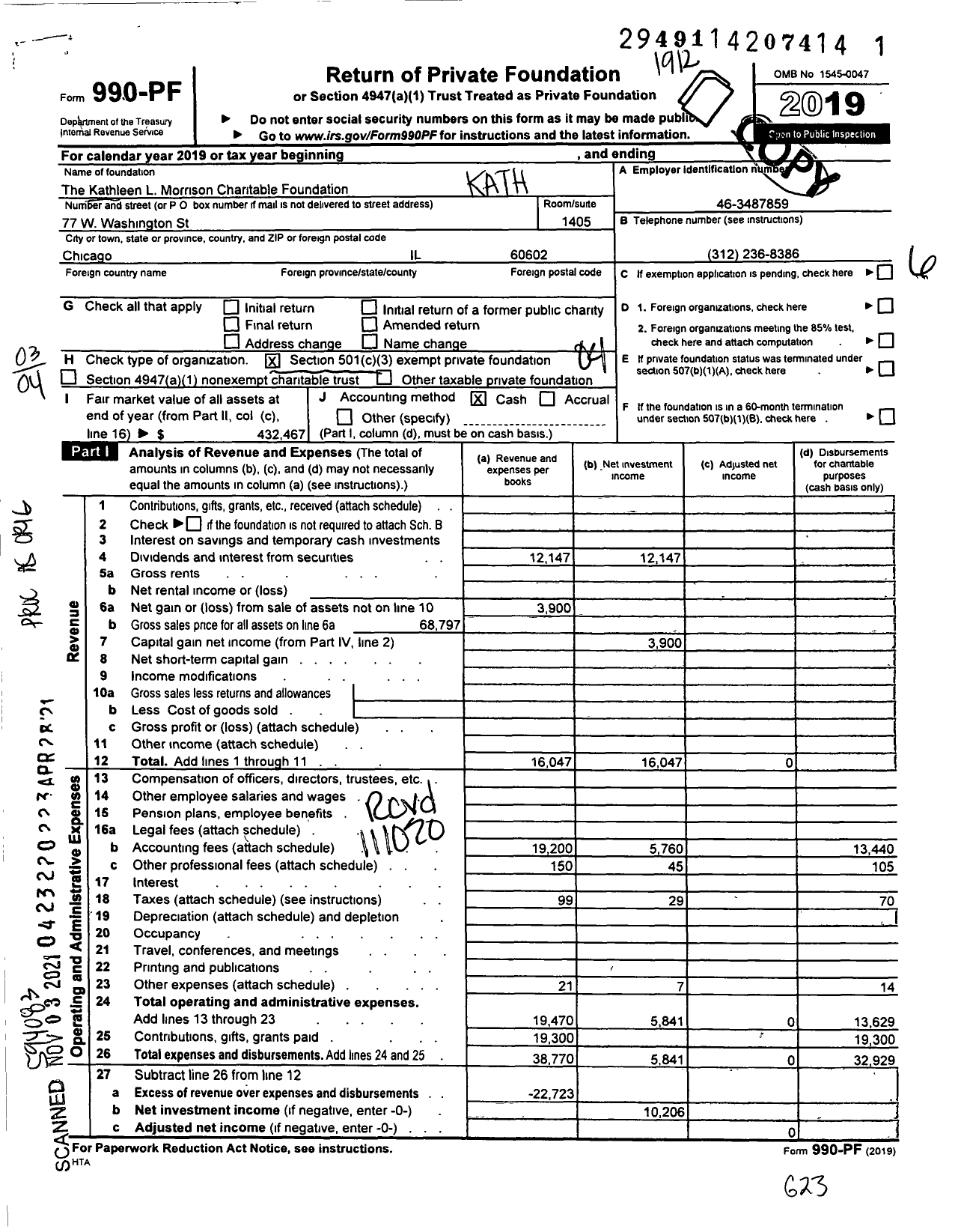 Image of first page of 2019 Form 990PF for The Kathleen L Morrison Charitable Foundation