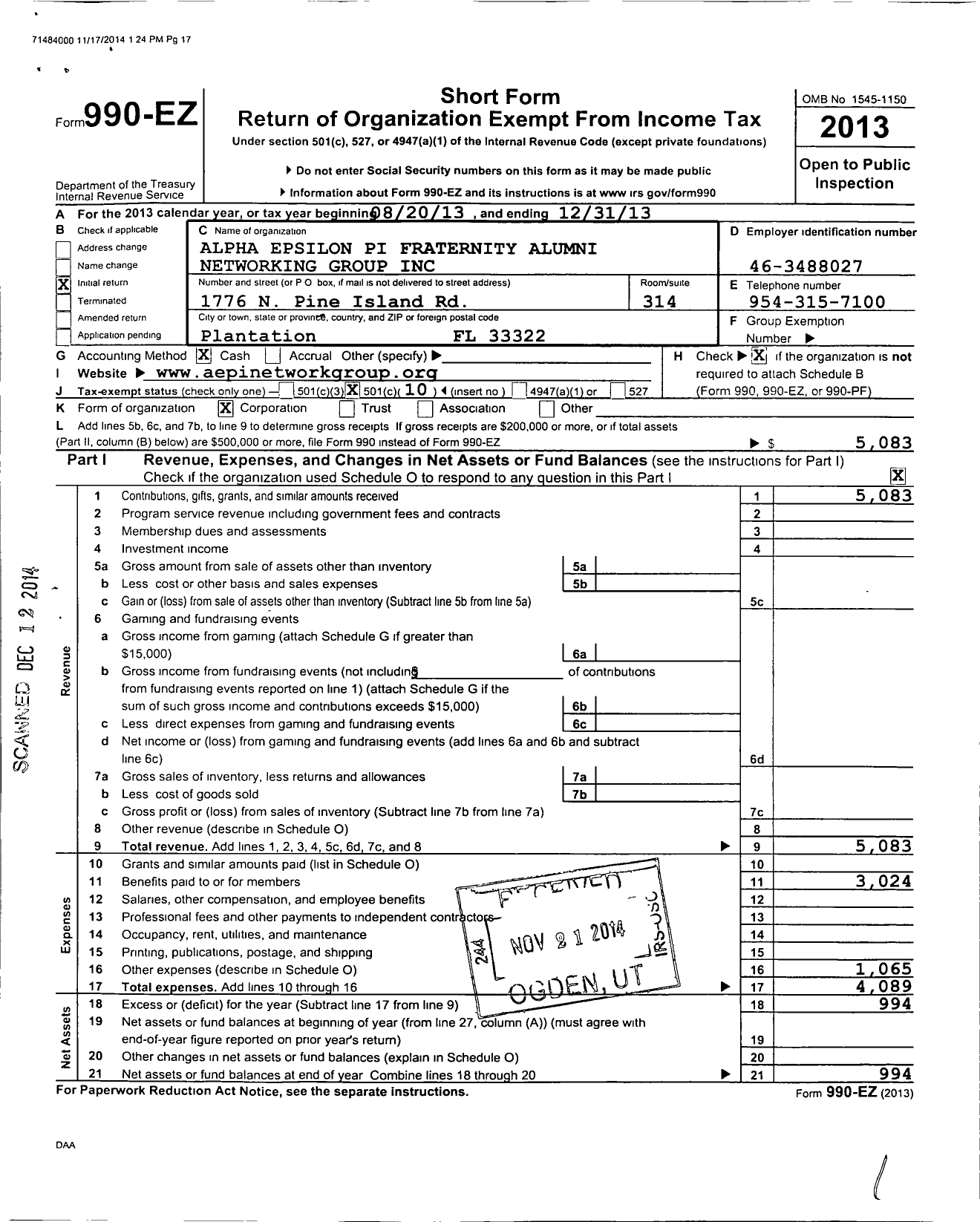 Image of first page of 2013 Form 990EO for Alpha Epsilon Pi Fraternity Alumni Networking Group