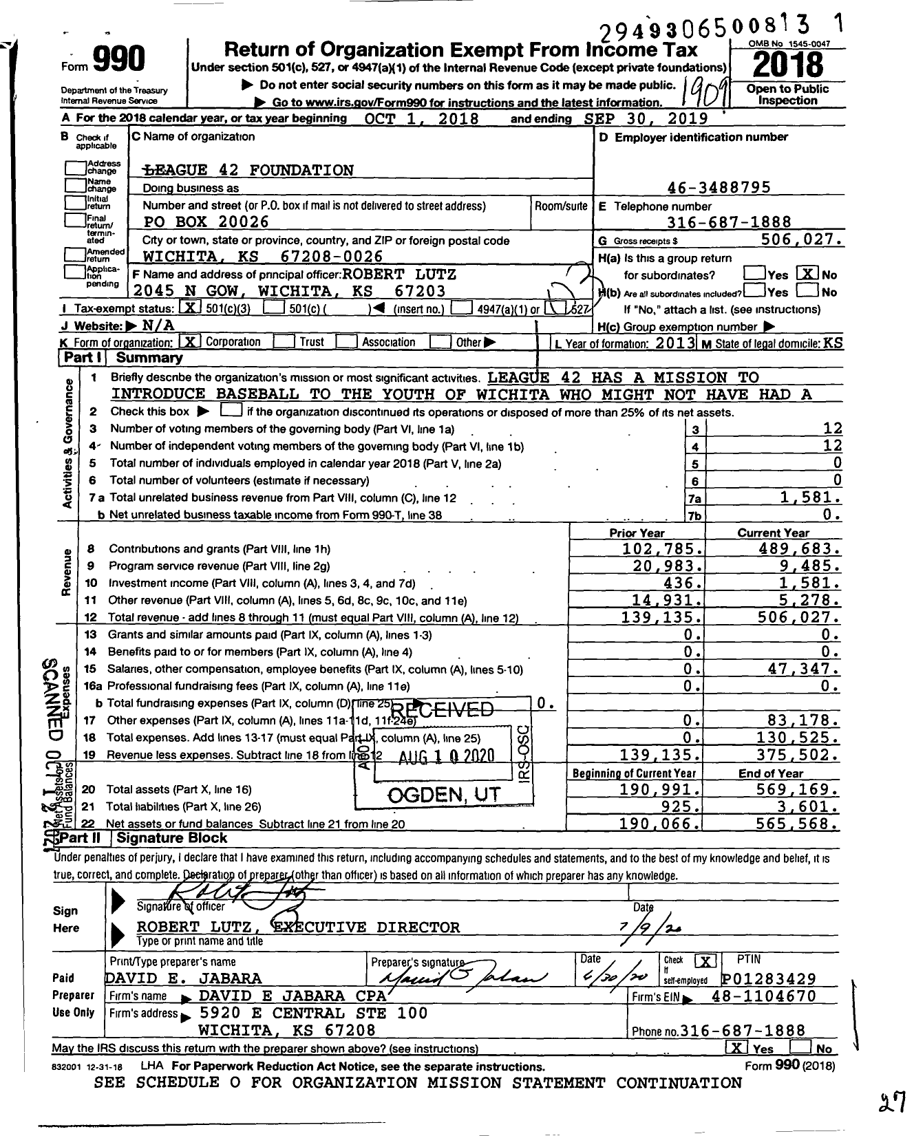 Image of first page of 2018 Form 990 for League 42 Foundation