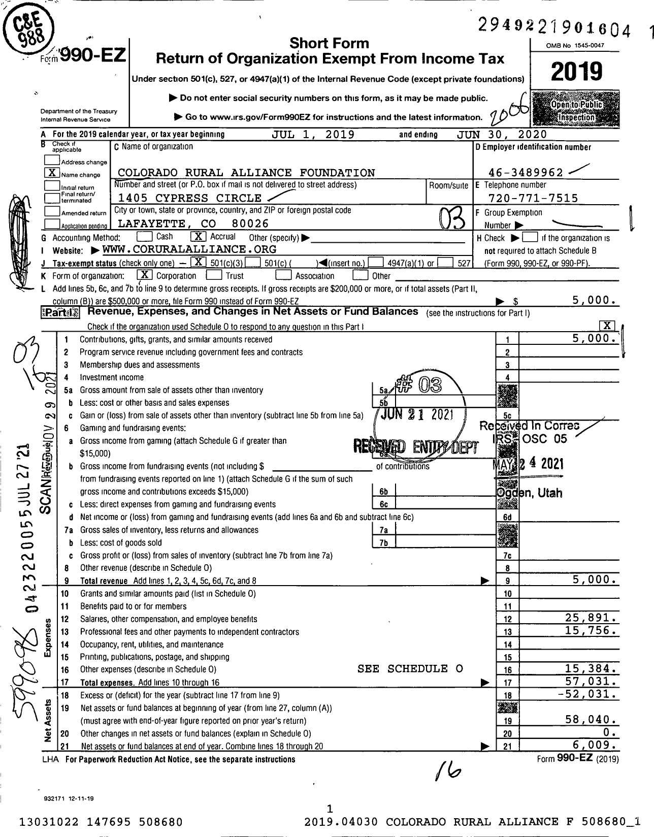 Image of first page of 2019 Form 990EZ for Colorado Rural Alliance Foundation