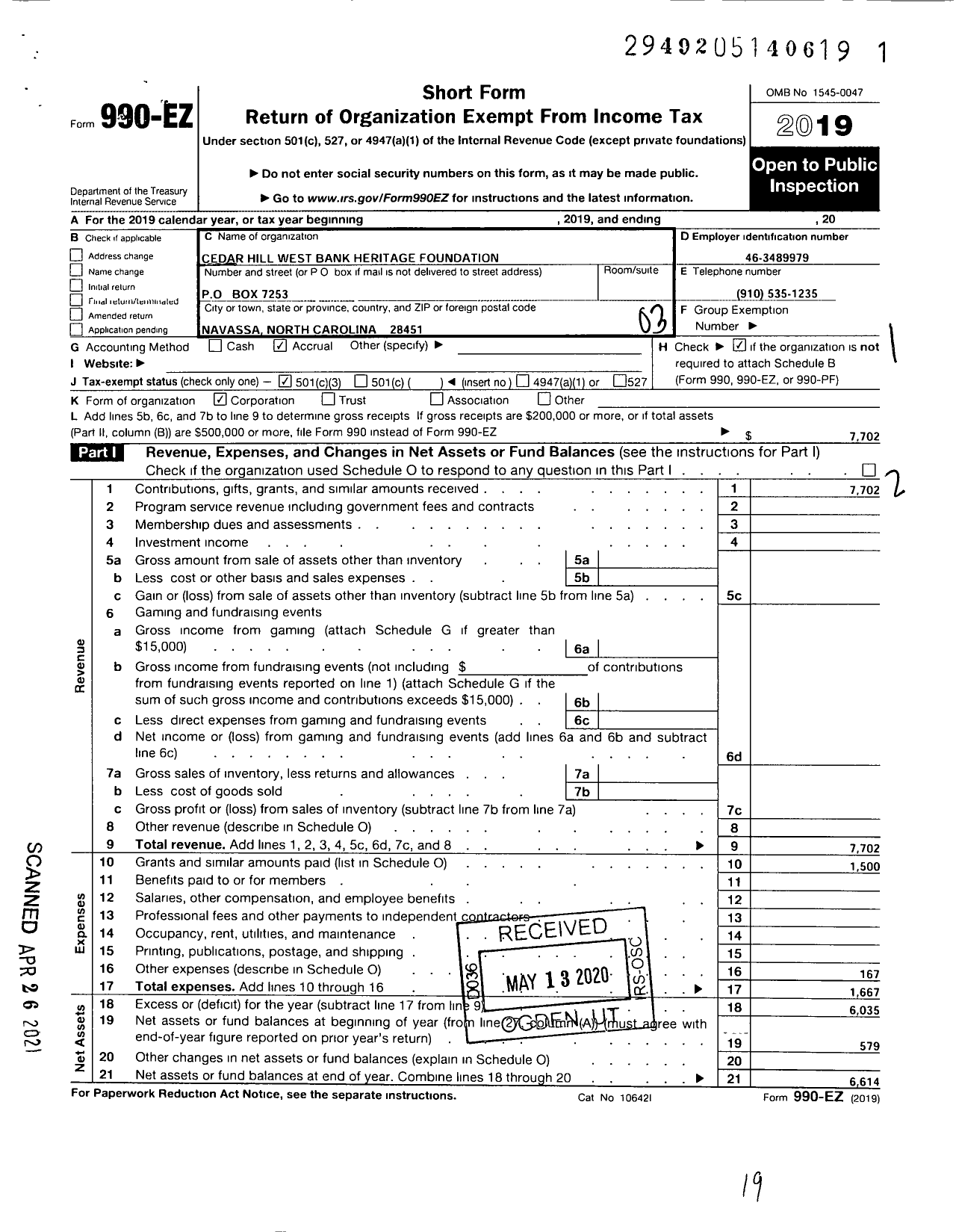 Image of first page of 2019 Form 990EZ for Cedar Hill West Bank Heritage Foundation