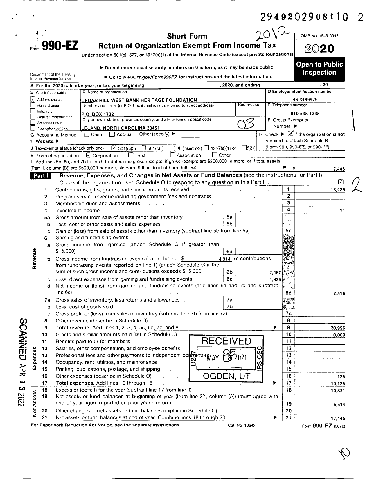 Image of first page of 2020 Form 990EZ for Cedar Hill West Bank Heritage Foundation