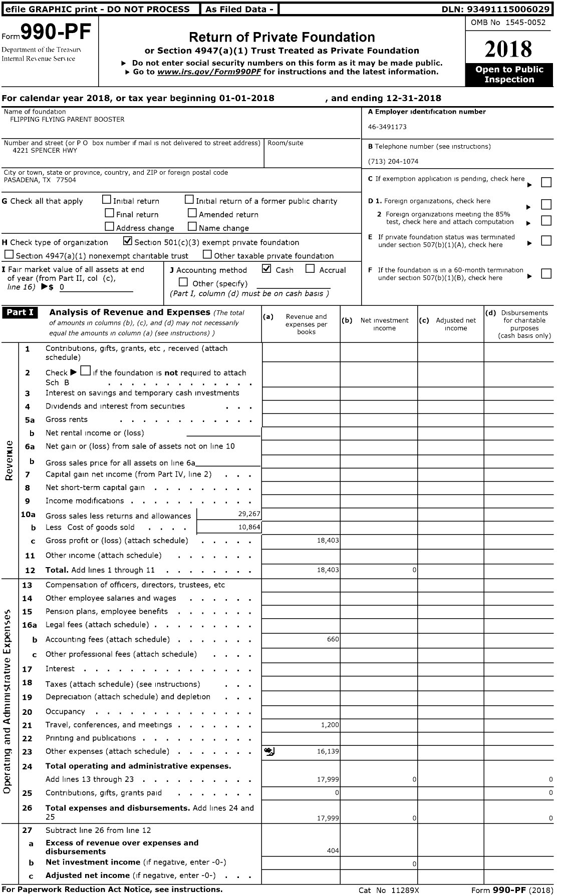 Image of first page of 2018 Form 990PF for Flipping and Flying Parent Booster Club (FFPBC)