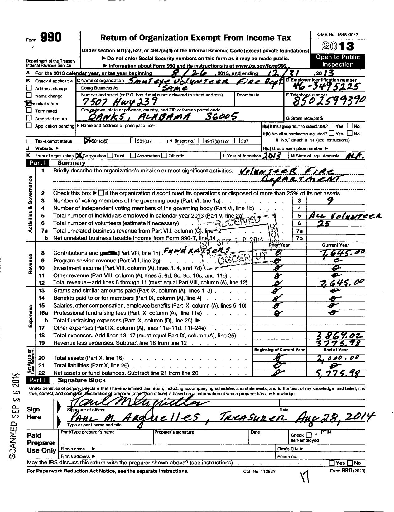 Image of first page of 2013 Form 990 for Smuteye Volunteer Fire Department