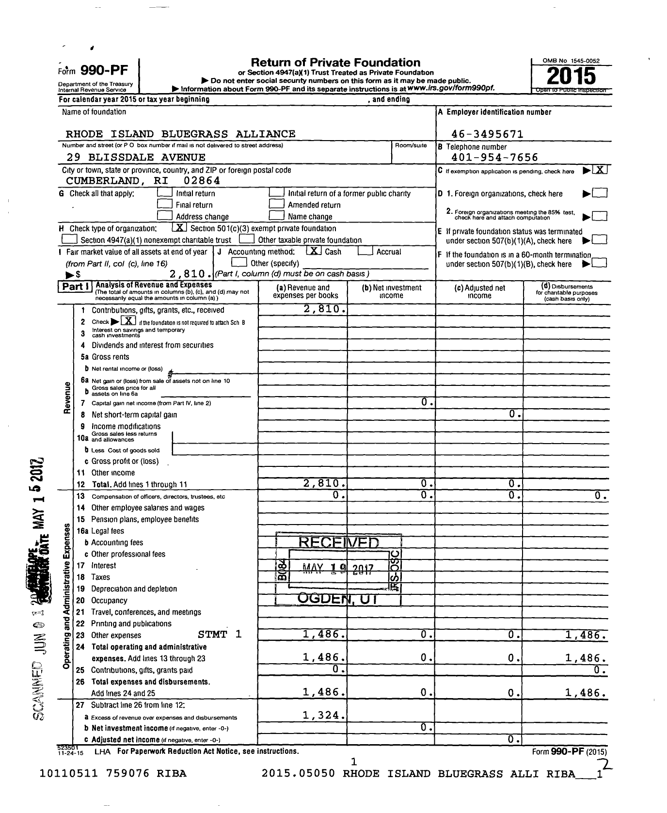 Image of first page of 2015 Form 990PF for Rhode Island Bluegrass Alliance