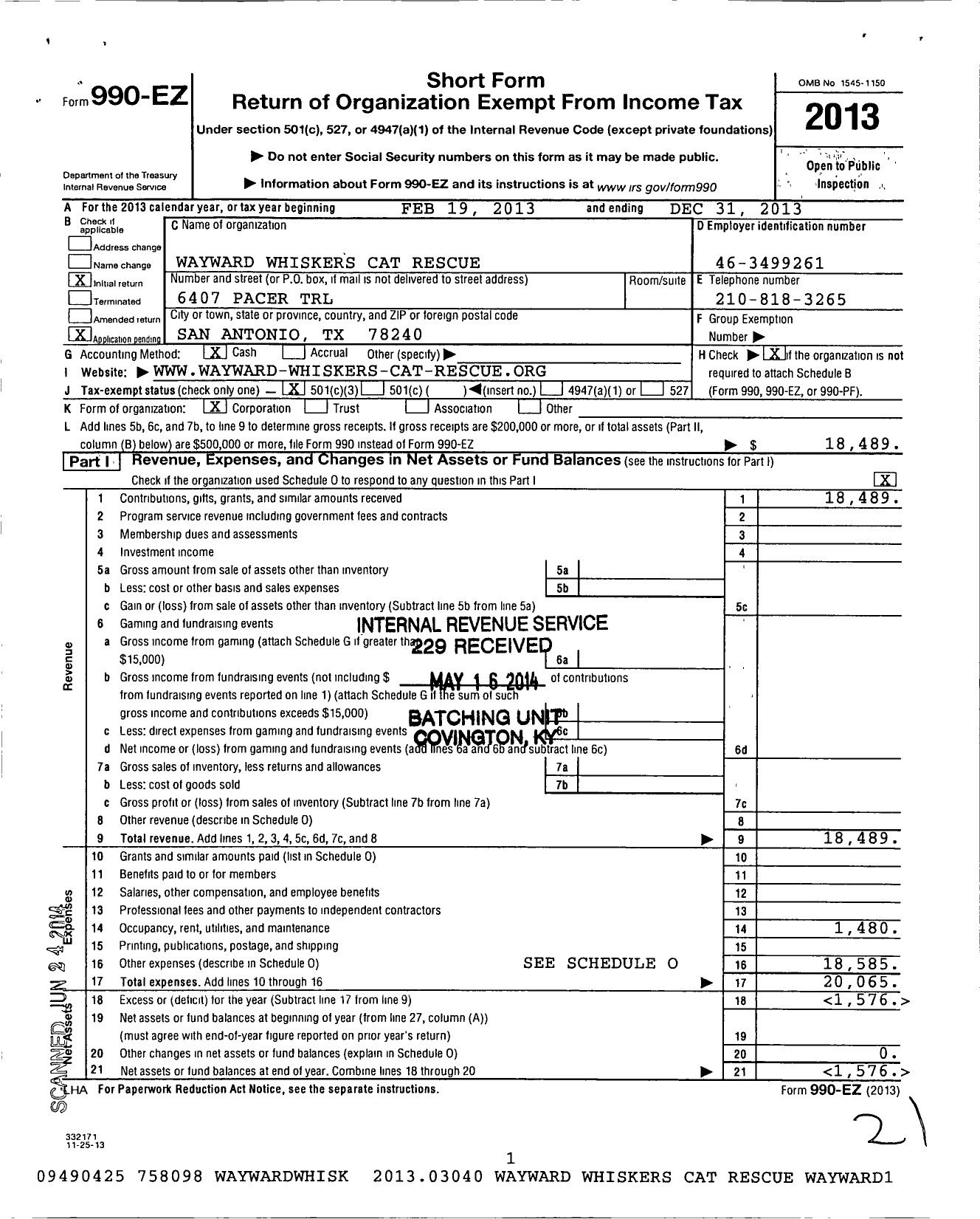 Image of first page of 2013 Form 990EZ for Wayward Whiskers Cat Rescue