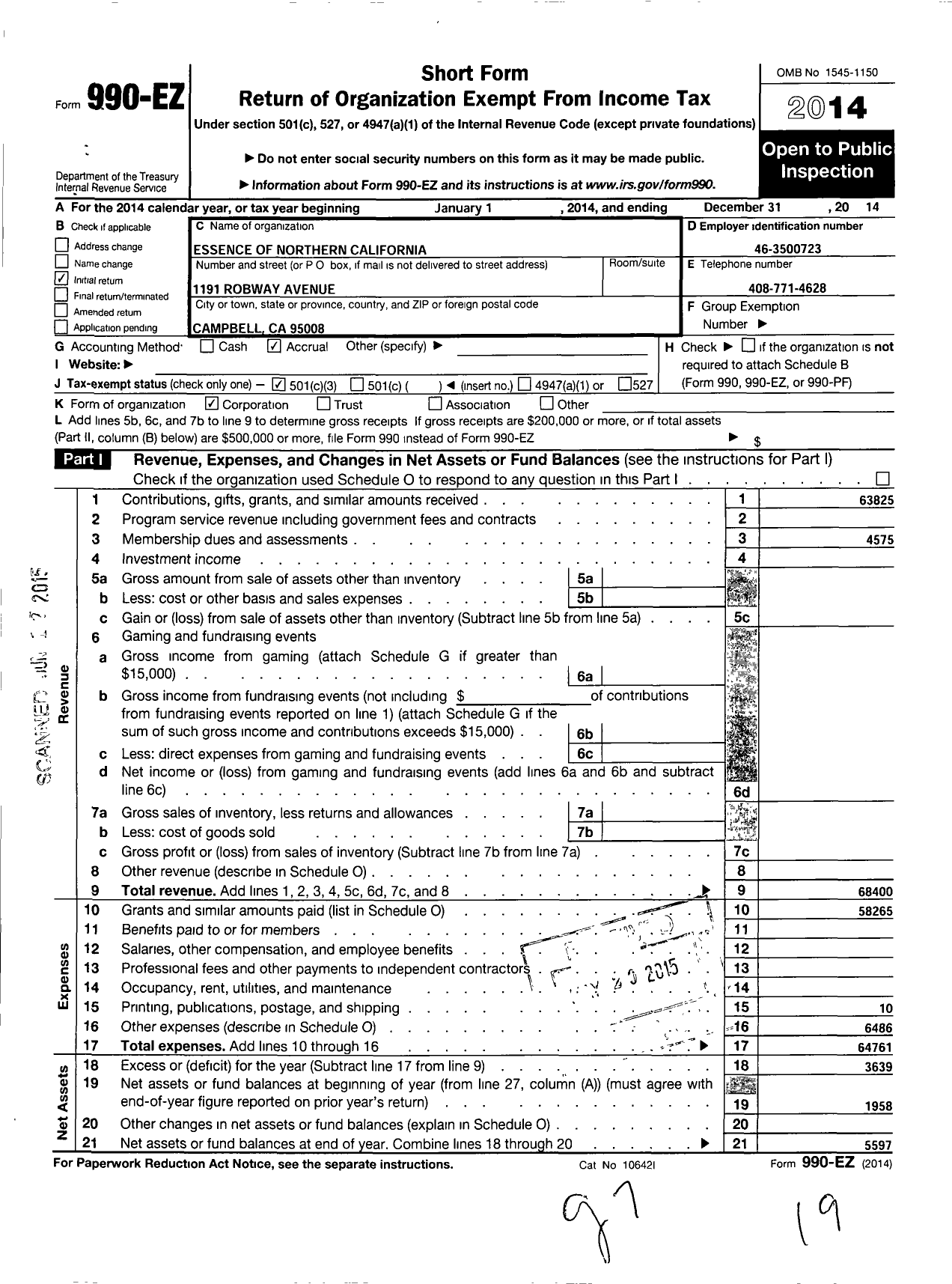 Image of first page of 2014 Form 990EZ for Essence of Northern California