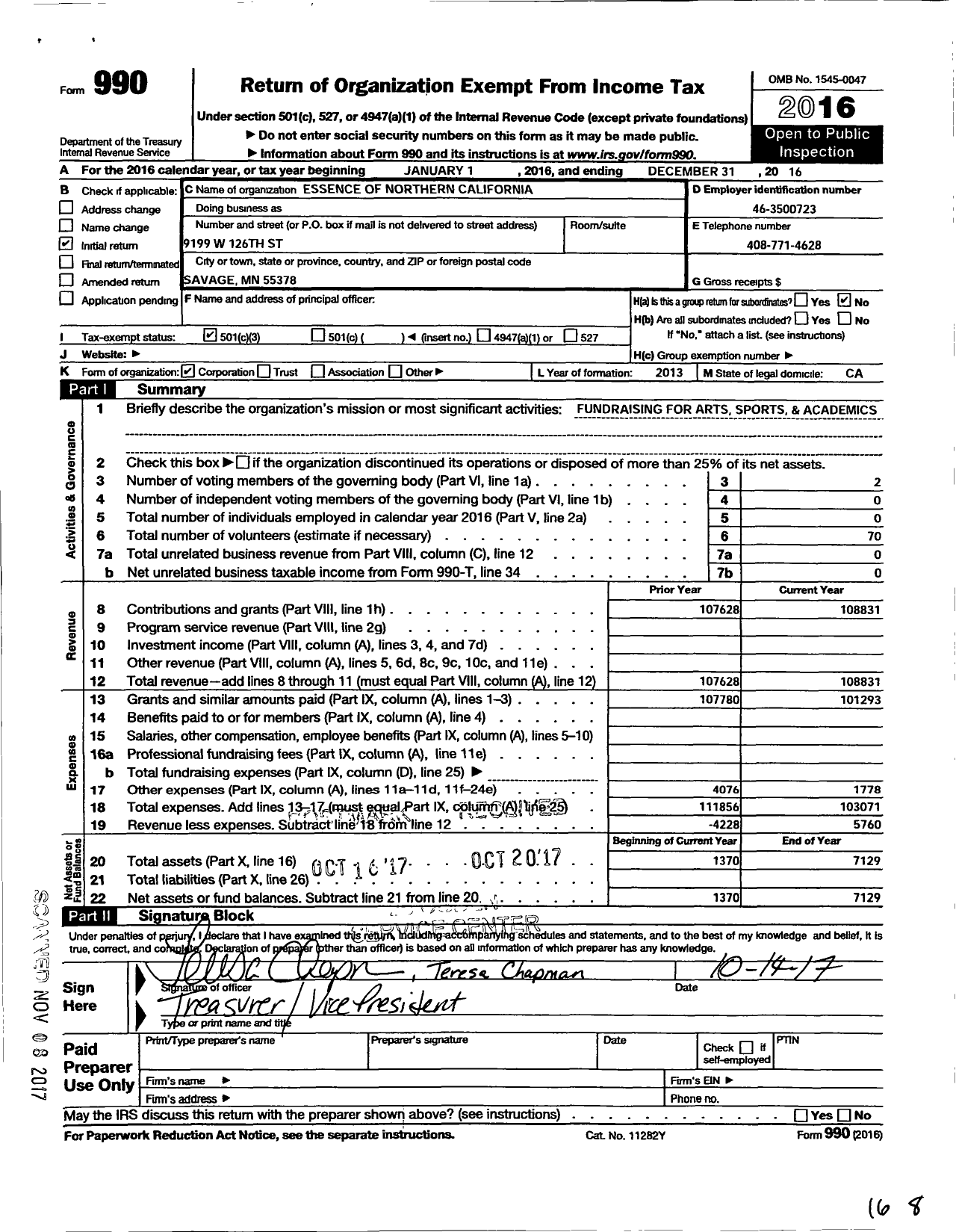 Image of first page of 2016 Form 990 for Essence of Northern California