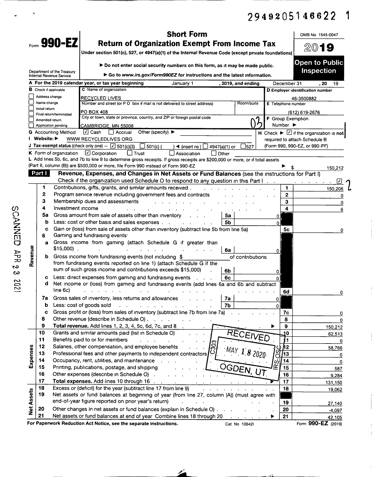 Image of first page of 2019 Form 990EZ for Recycled Lives