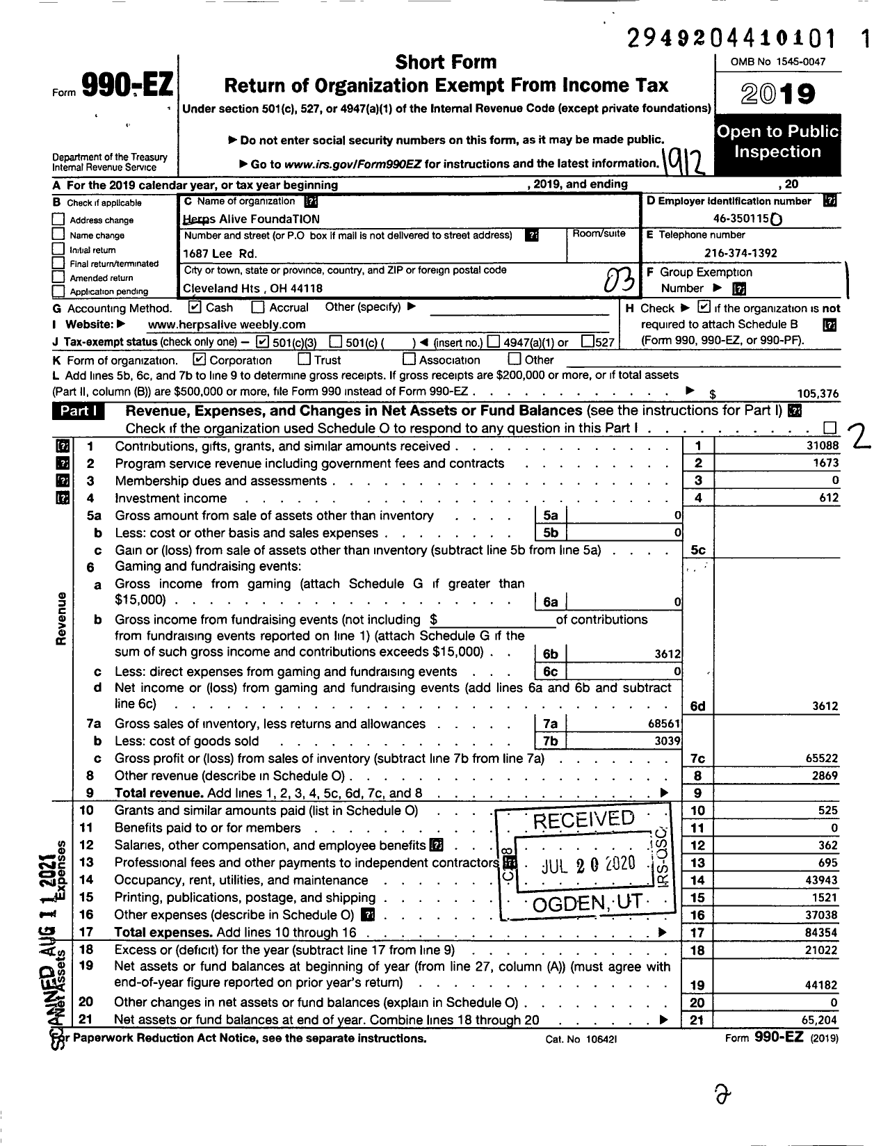 Image of first page of 2019 Form 990EZ for Herps Alive Foundation