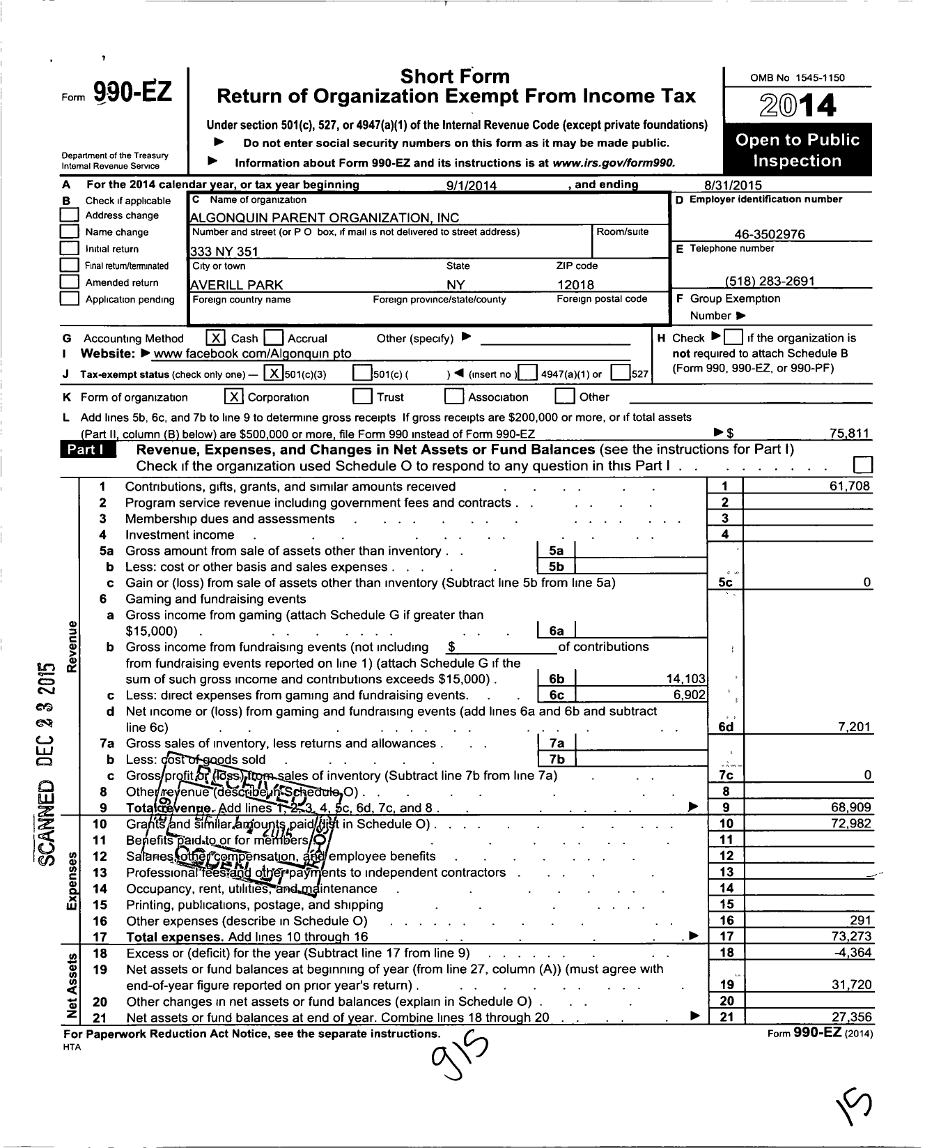 Image of first page of 2014 Form 990EZ for Algonquin Parent Organization