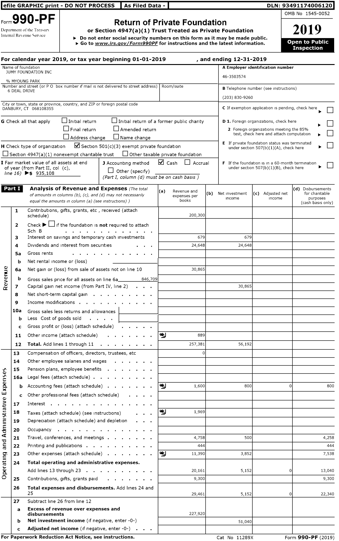 Image of first page of 2019 Form 990PR for Jumy Foundation