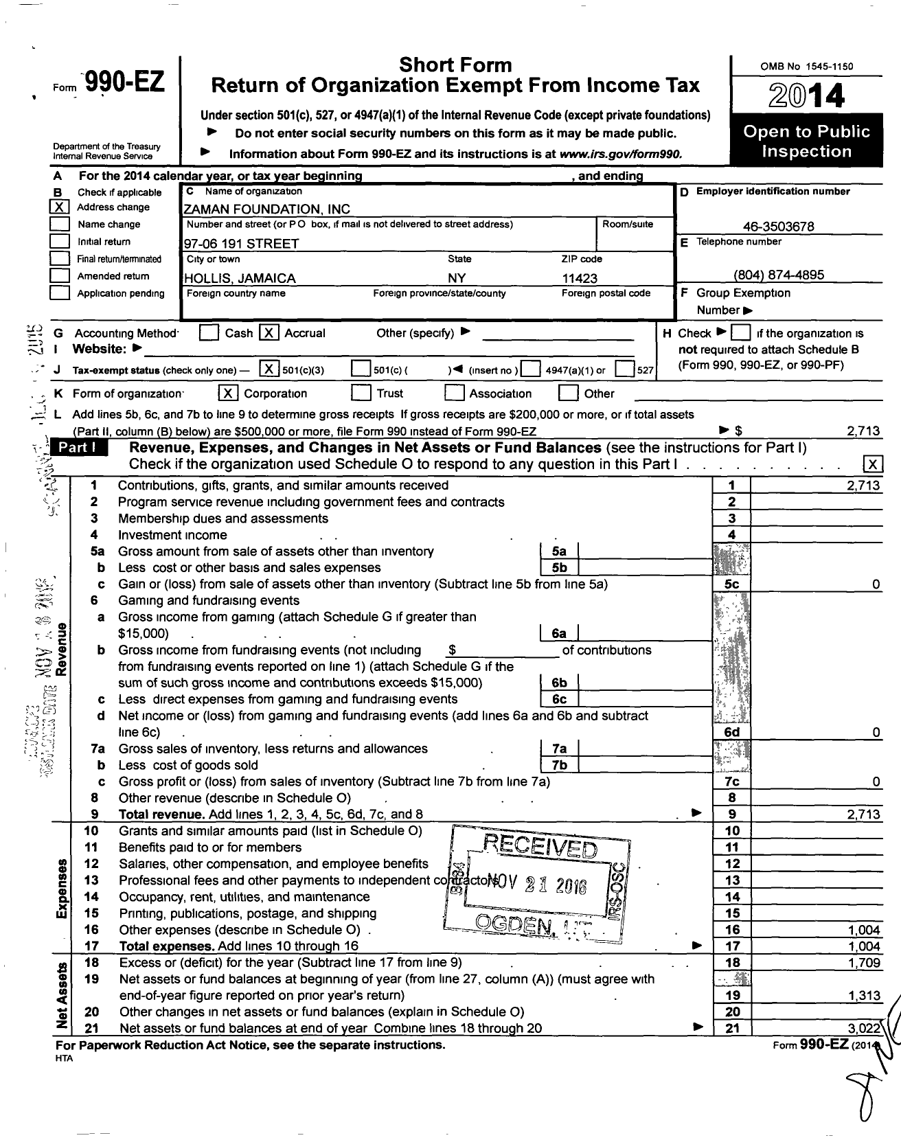 Image of first page of 2014 Form 990EZ for Zaman Foundation