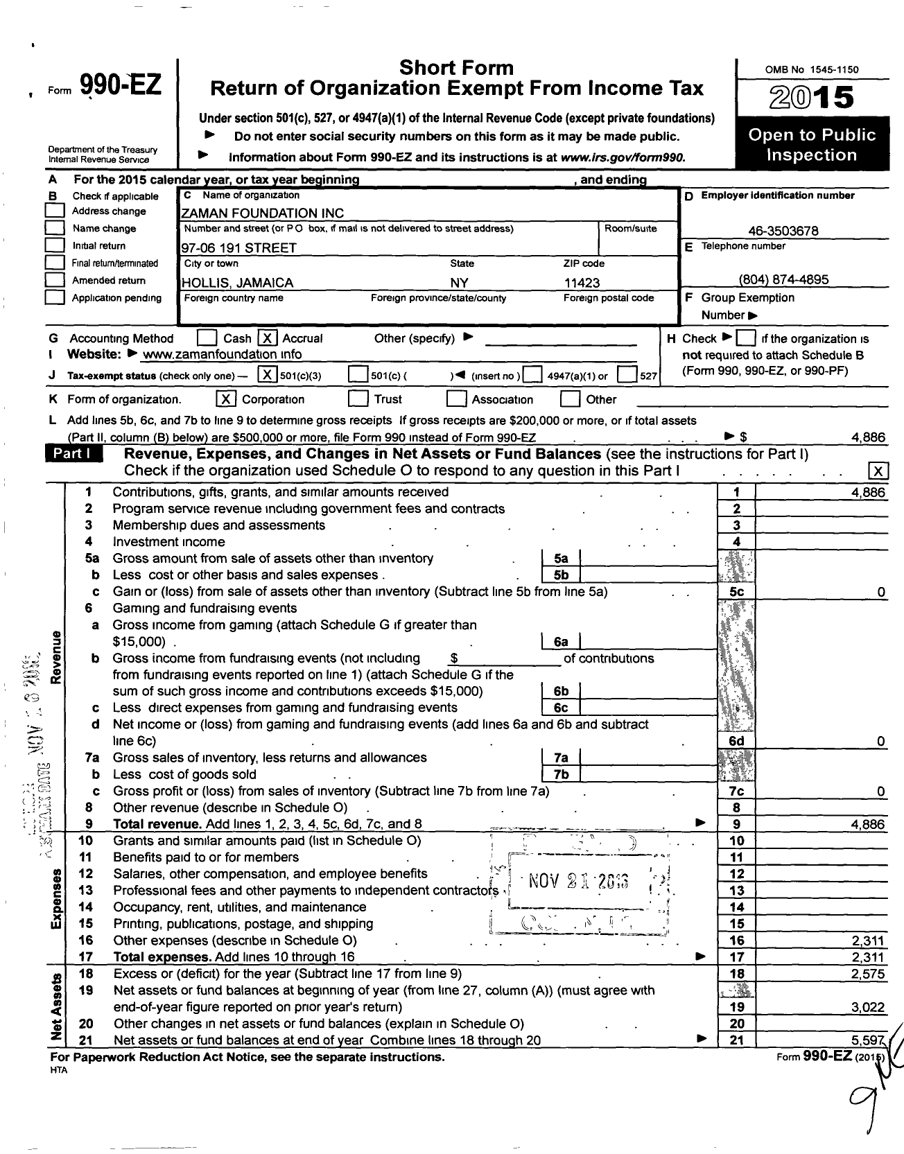 Image of first page of 2015 Form 990EZ for Zaman Foundation