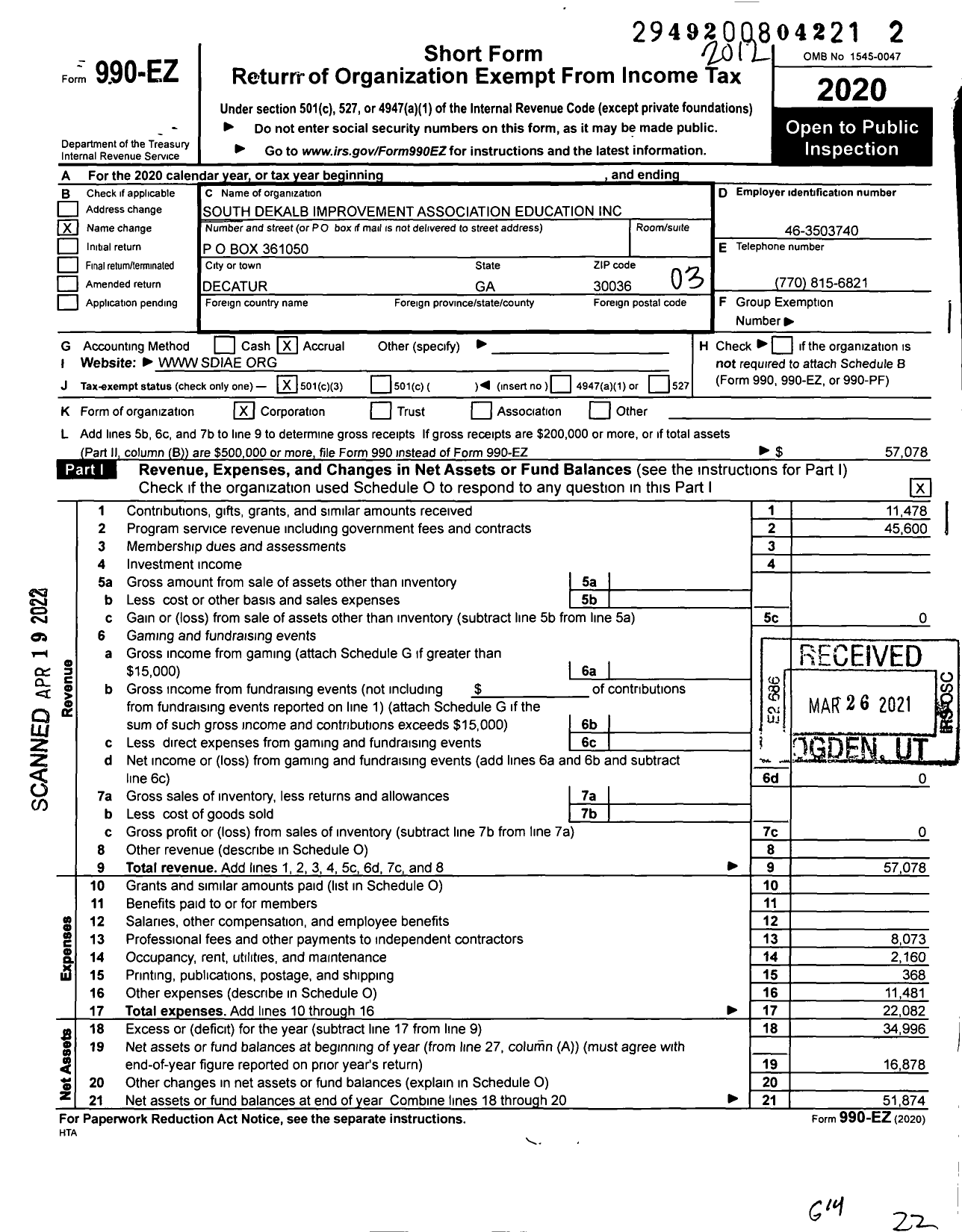 Image of first page of 2020 Form 990EZ for South Dekalb Improvement Association Education