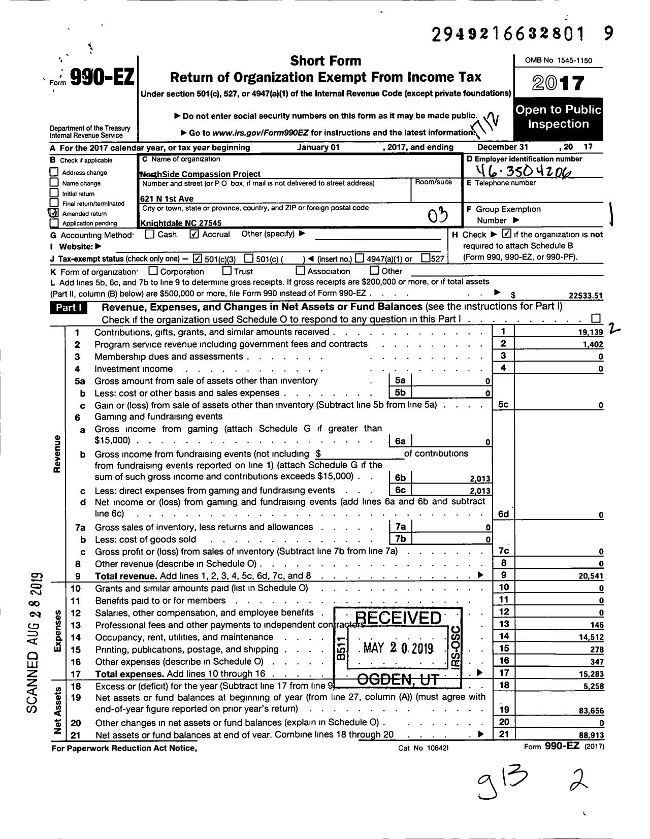 Image of first page of 2017 Form 990EZ for Northside Compassion Project