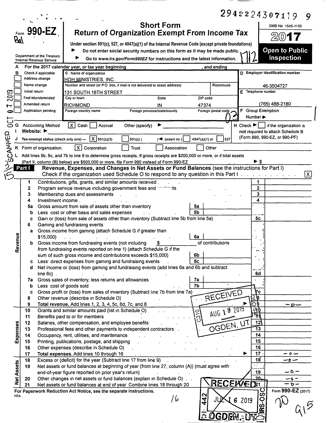 Image of first page of 2017 Form 990EZ for Hoh Ministries