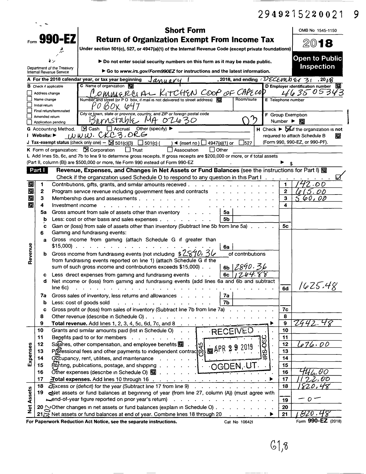 Image of first page of 2018 Form 990EZ for Commercial Kitchen Coop of Cape Cod