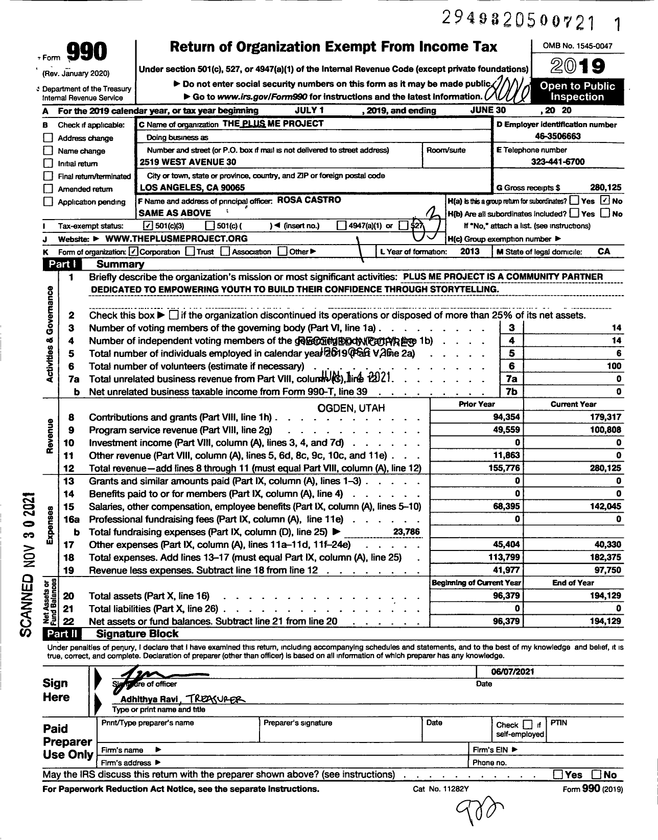 Image of first page of 2019 Form 990 for The Plus Me Project