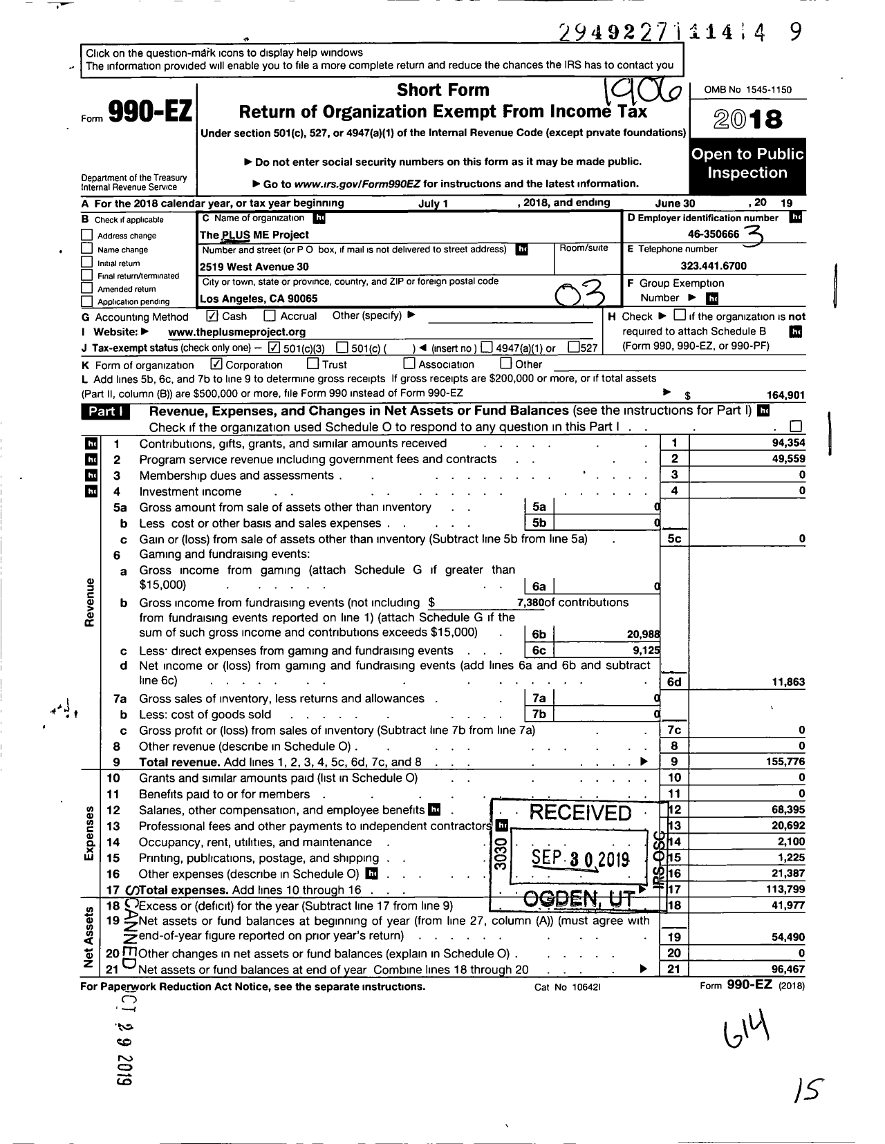 Image of first page of 2018 Form 990EZ for The Plus Me Project