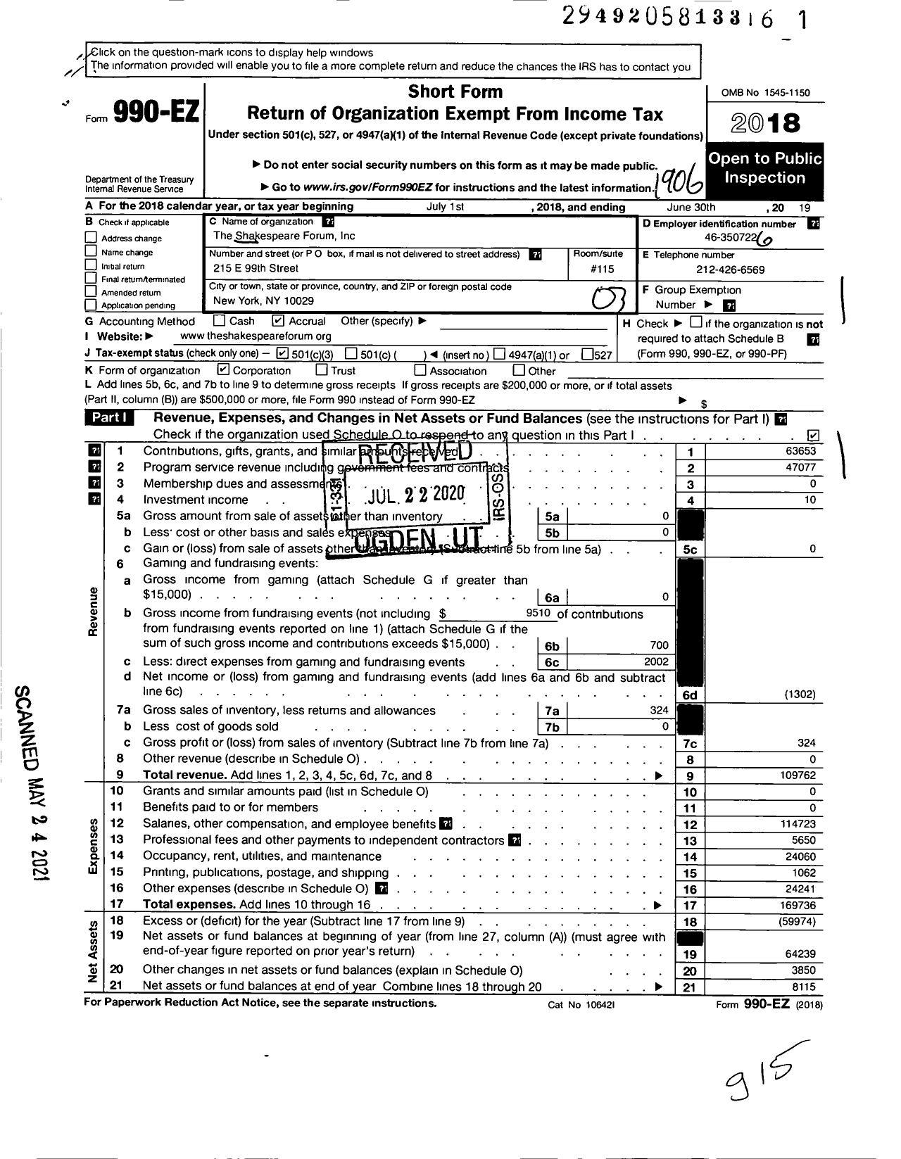 Image of first page of 2018 Form 990EZ for The Shakespeare Forum