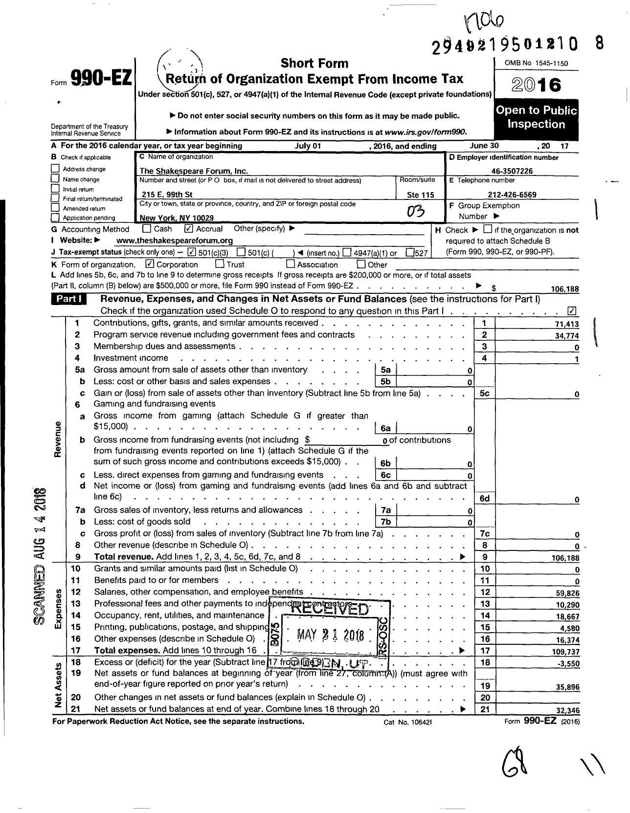 Image of first page of 2016 Form 990EZ for The Shakespeare Forum