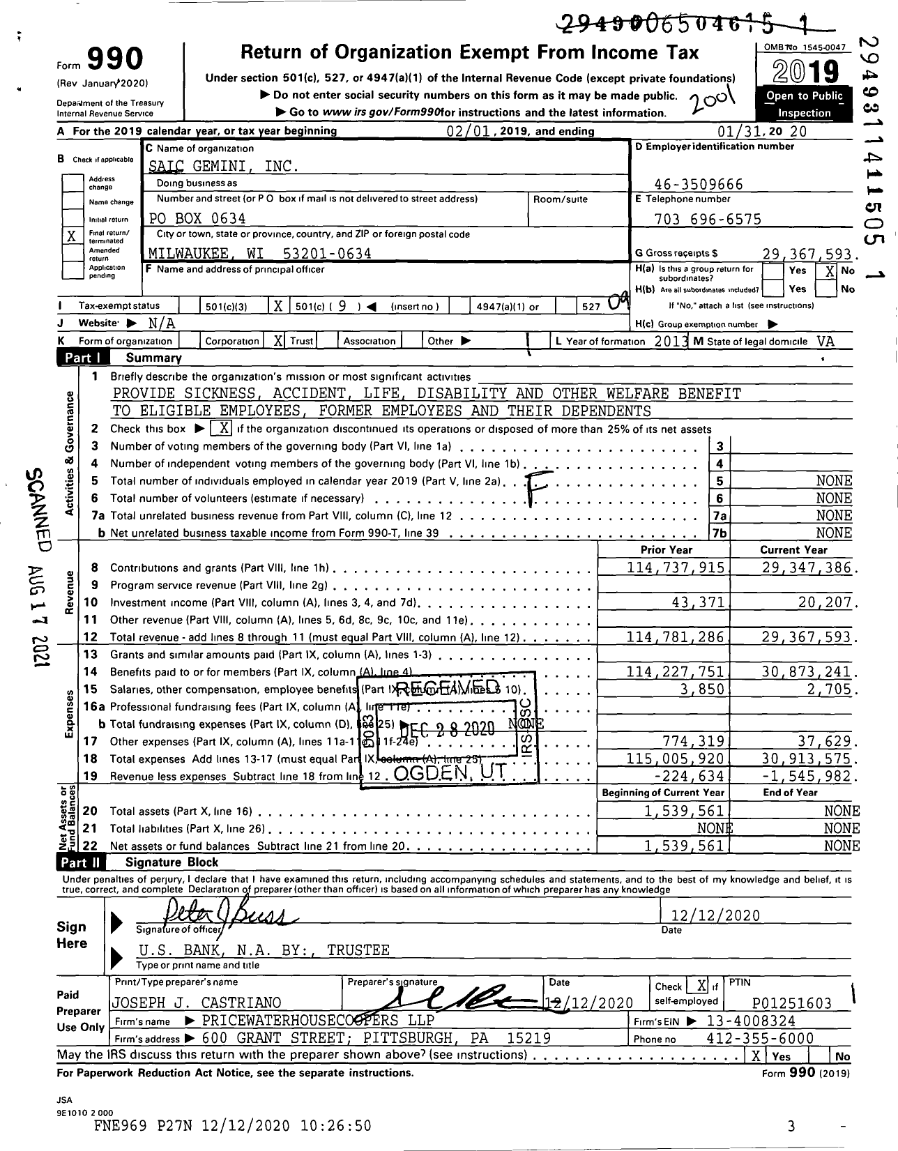 Image of first page of 2019 Form 990O for Saic Gemini
