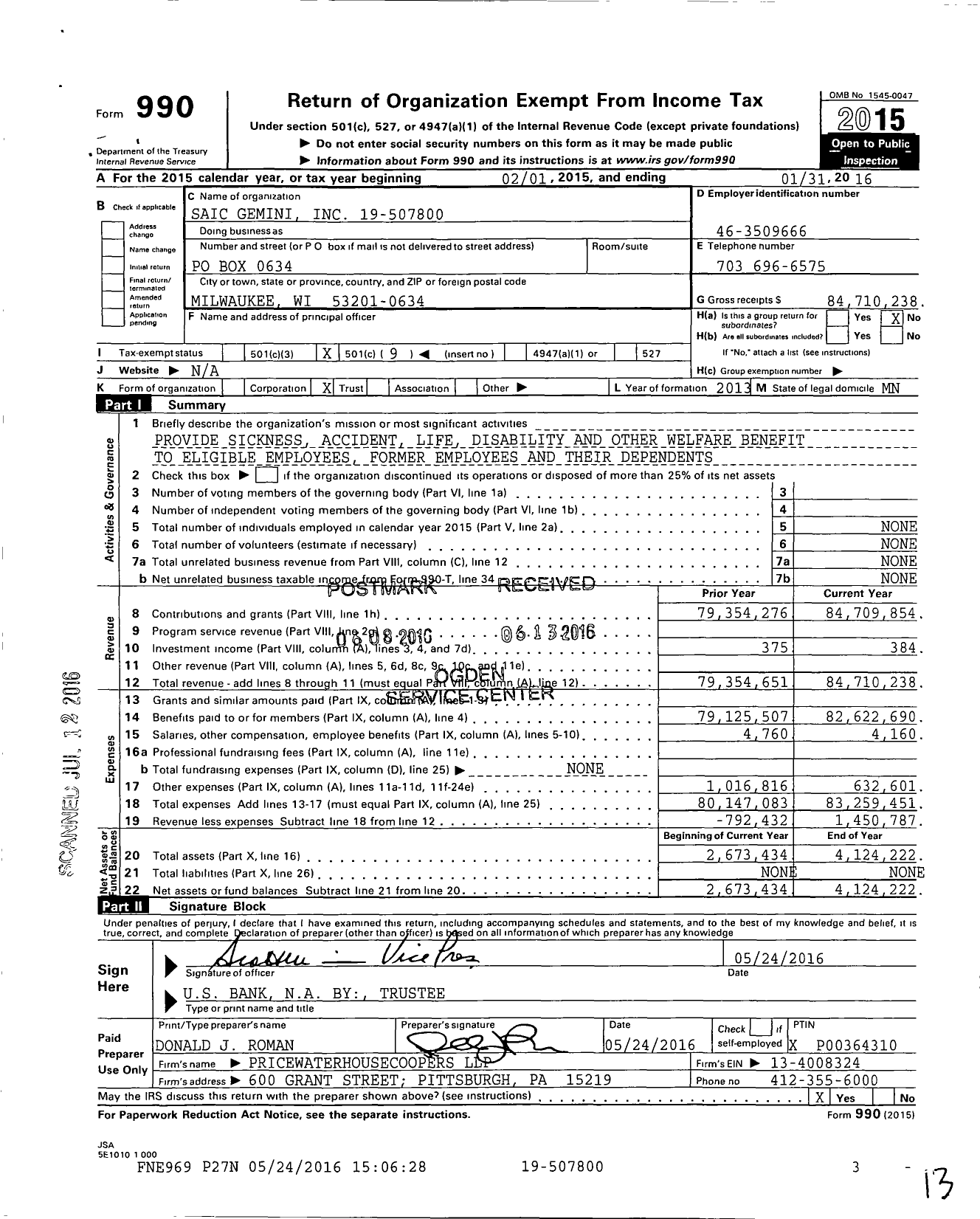 Image of first page of 2015 Form 990O for Saic Gemini
